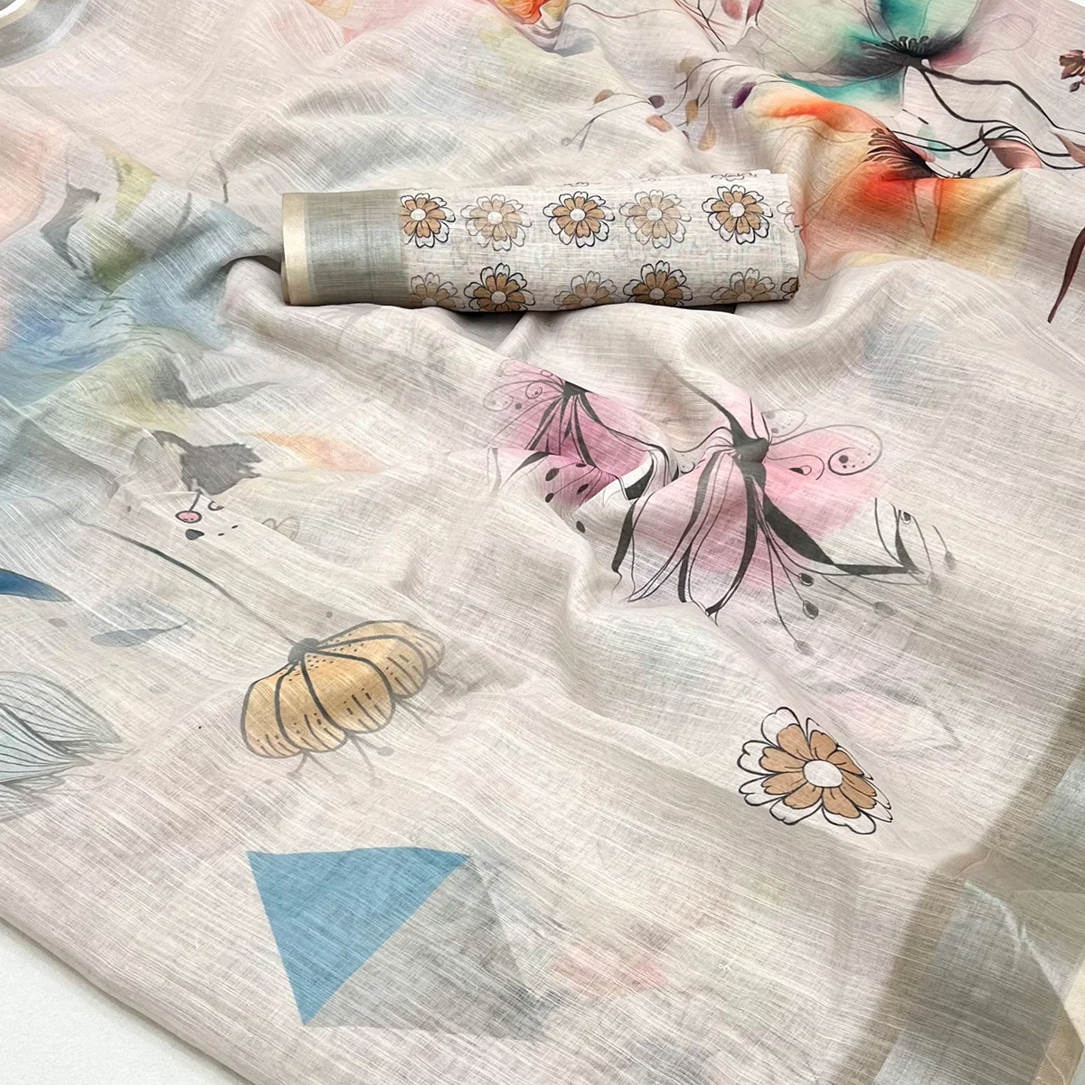 Soft Beige Floral Digital Printed Linen Saree With Zari Border - Image 2