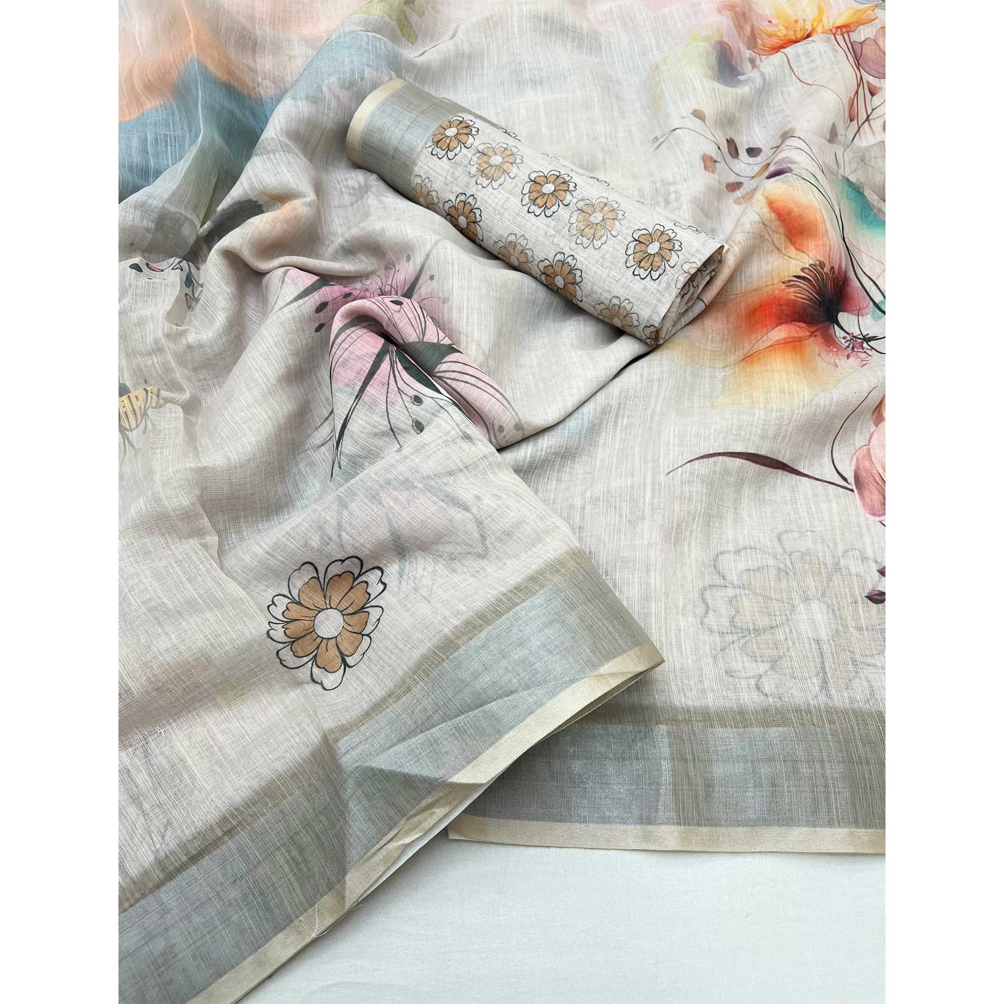 Soft Beige Floral Digital Printed Linen Saree With Zari Border - Image 3