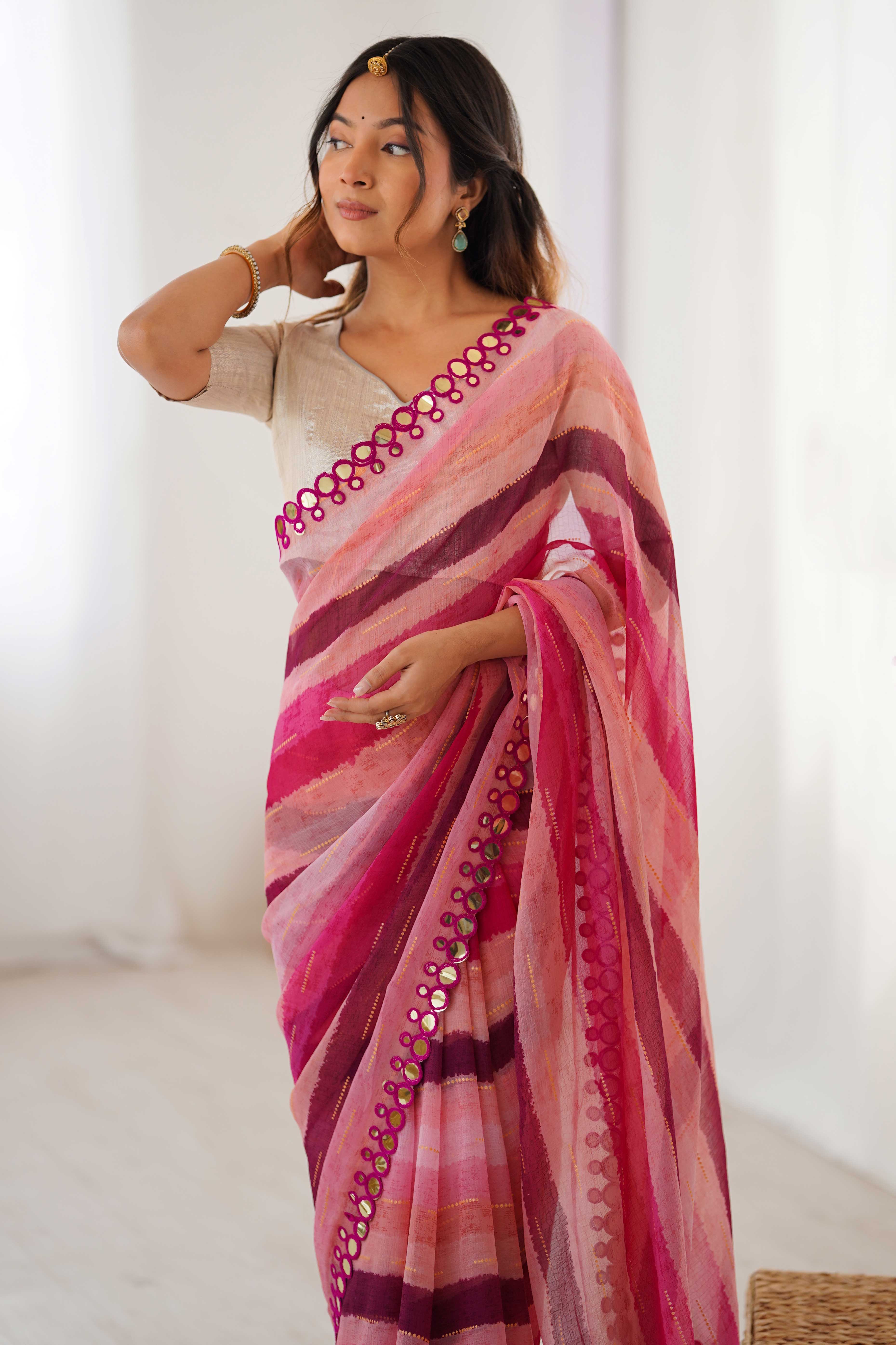 Soft Chiffon Pink Saree Featuring Classic Leheriya and Mirror Work Edges - Image 10