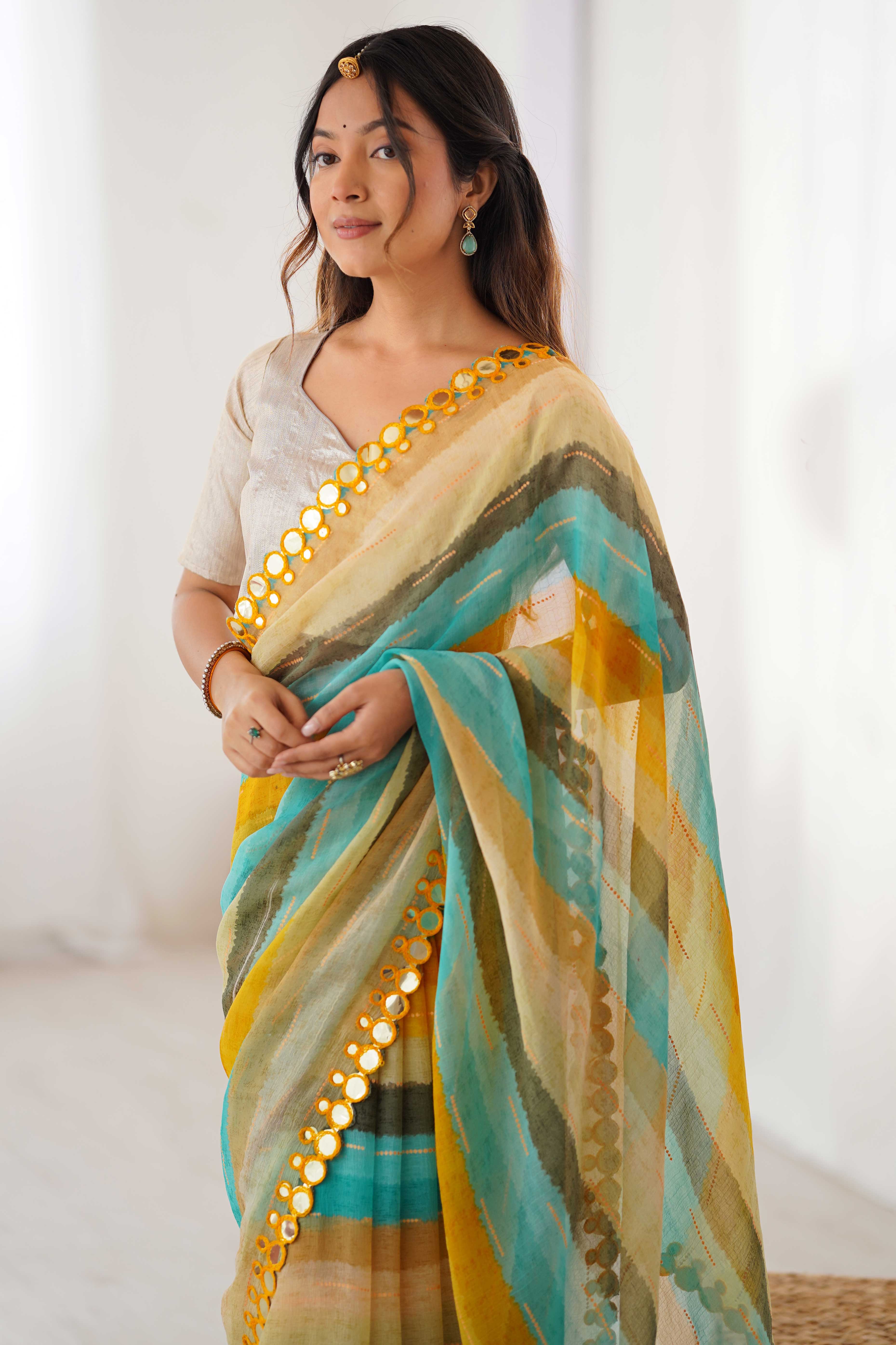 Soft Chiffon Yellow Saree Featuring Classic Leheriya and Mirror Work Edges - Image 10
