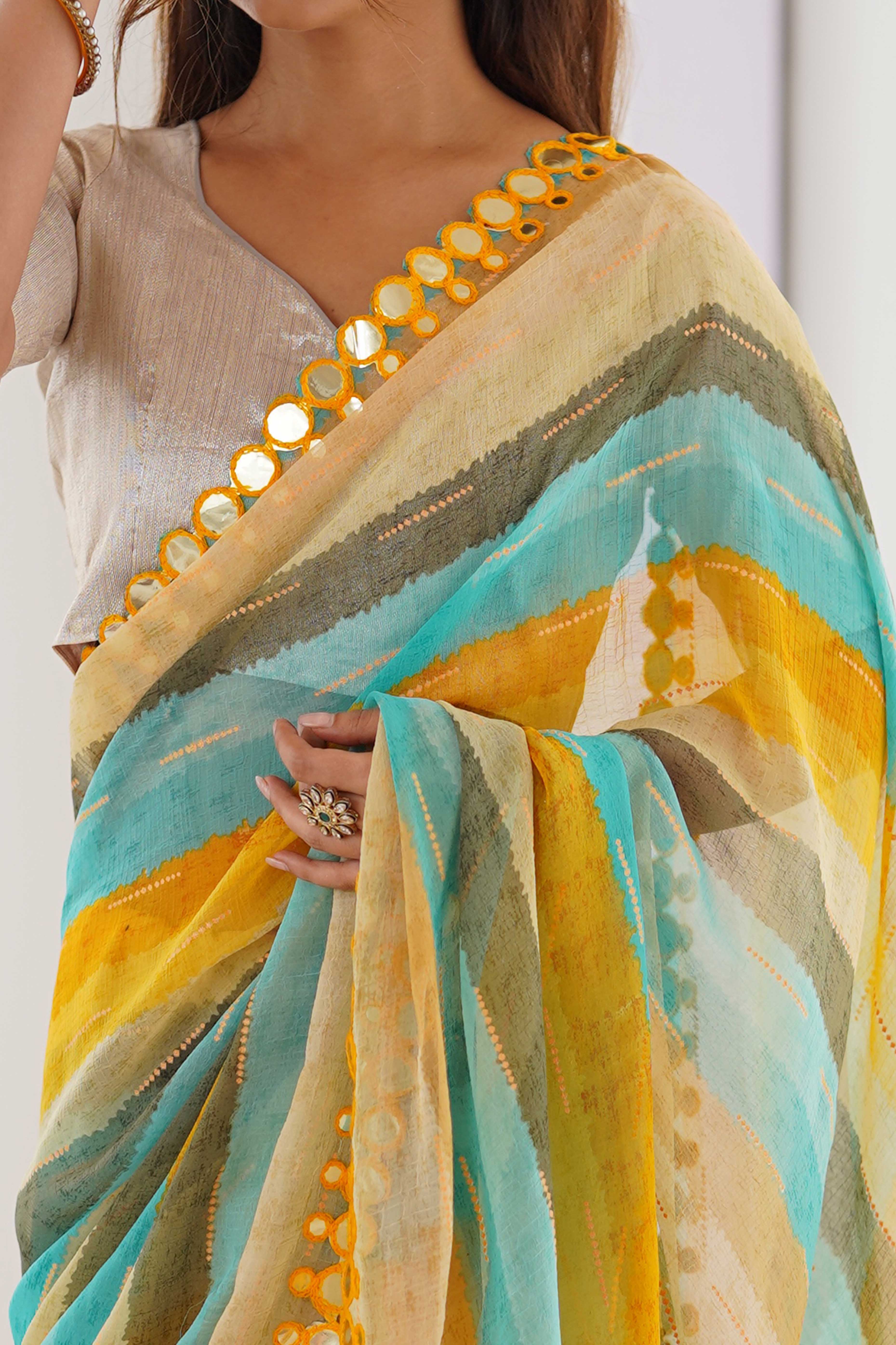 Soft Chiffon Yellow Saree Featuring Classic Leheriya and Mirror Work Edges - Image 3