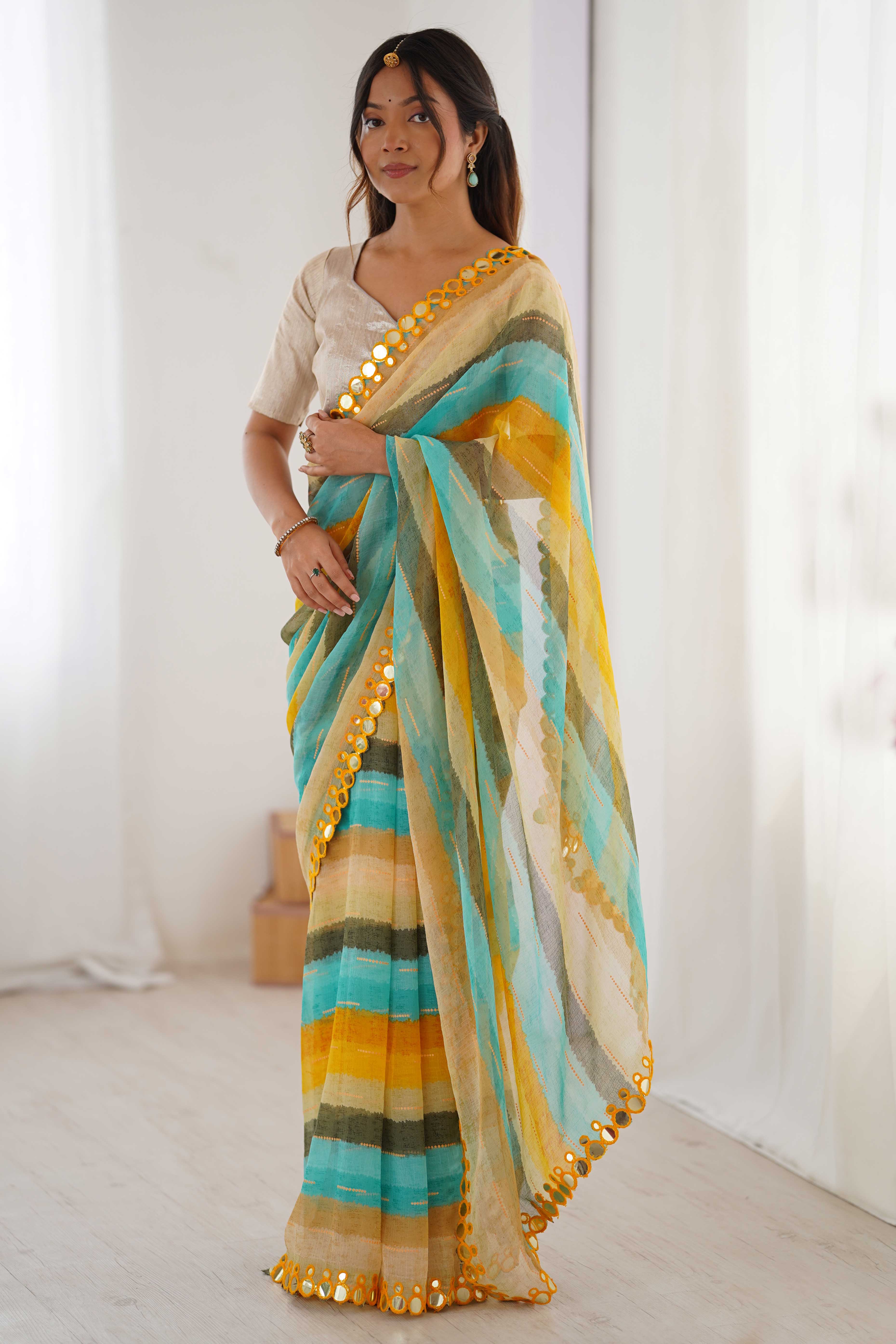 Soft Chiffon Yellow Saree Featuring Classic Leheriya and Mirror Work Edges - Image 4
