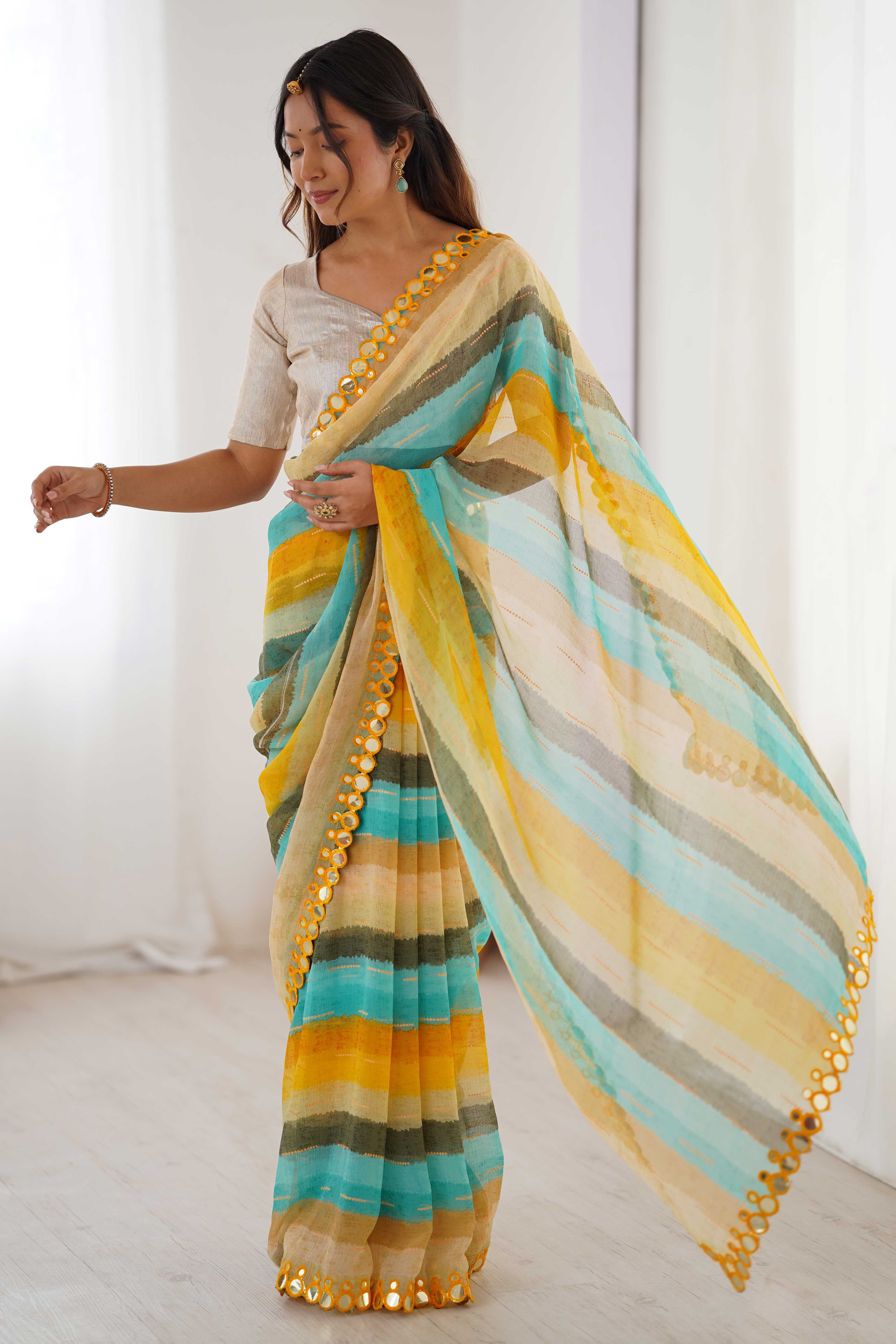 Soft Chiffon Yellow Saree Featuring Classic Leheriya and Mirror Work Edges - Image 5