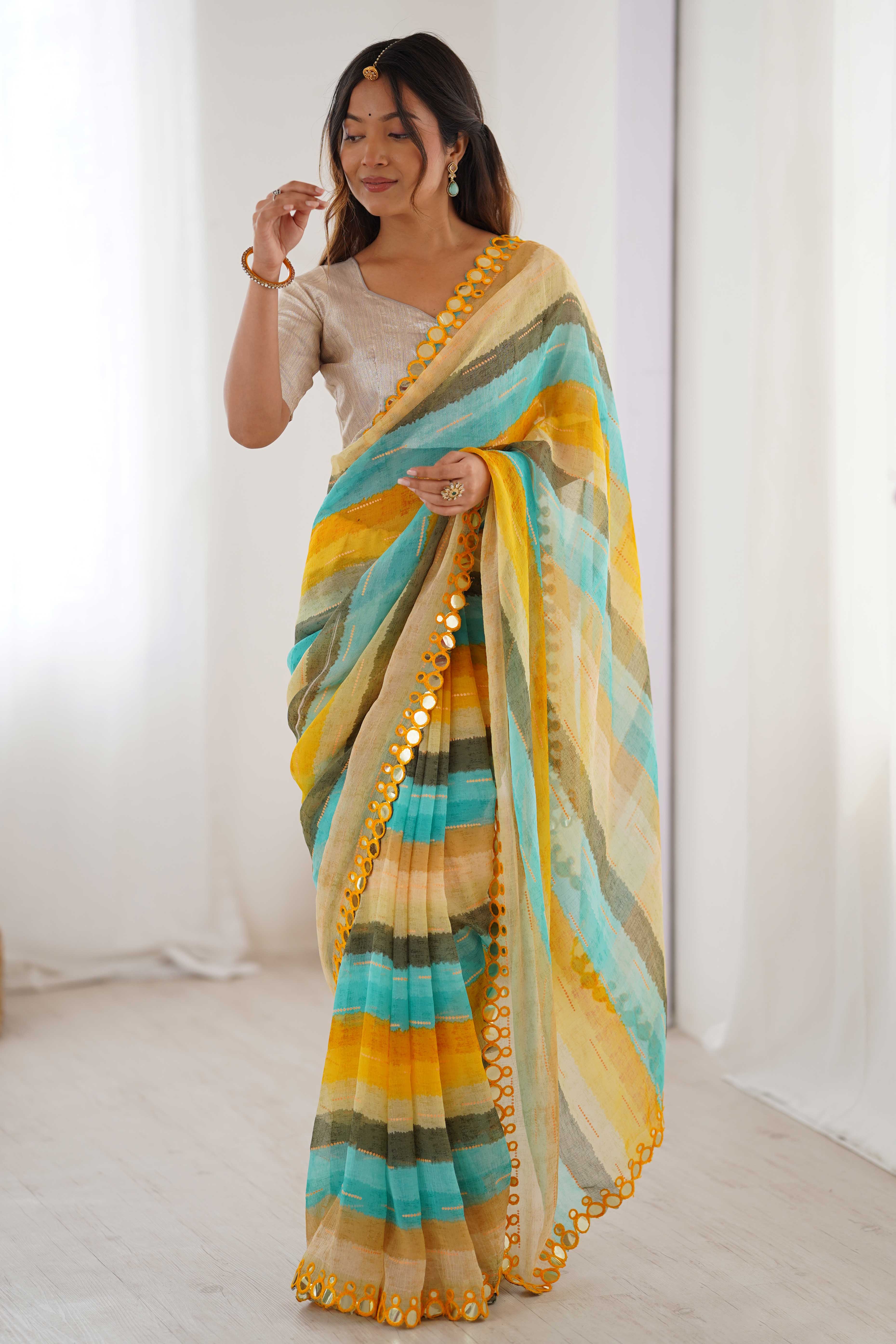 Soft Chiffon Yellow Saree Featuring Classic Leheriya and Mirror Work Edges - Image 6