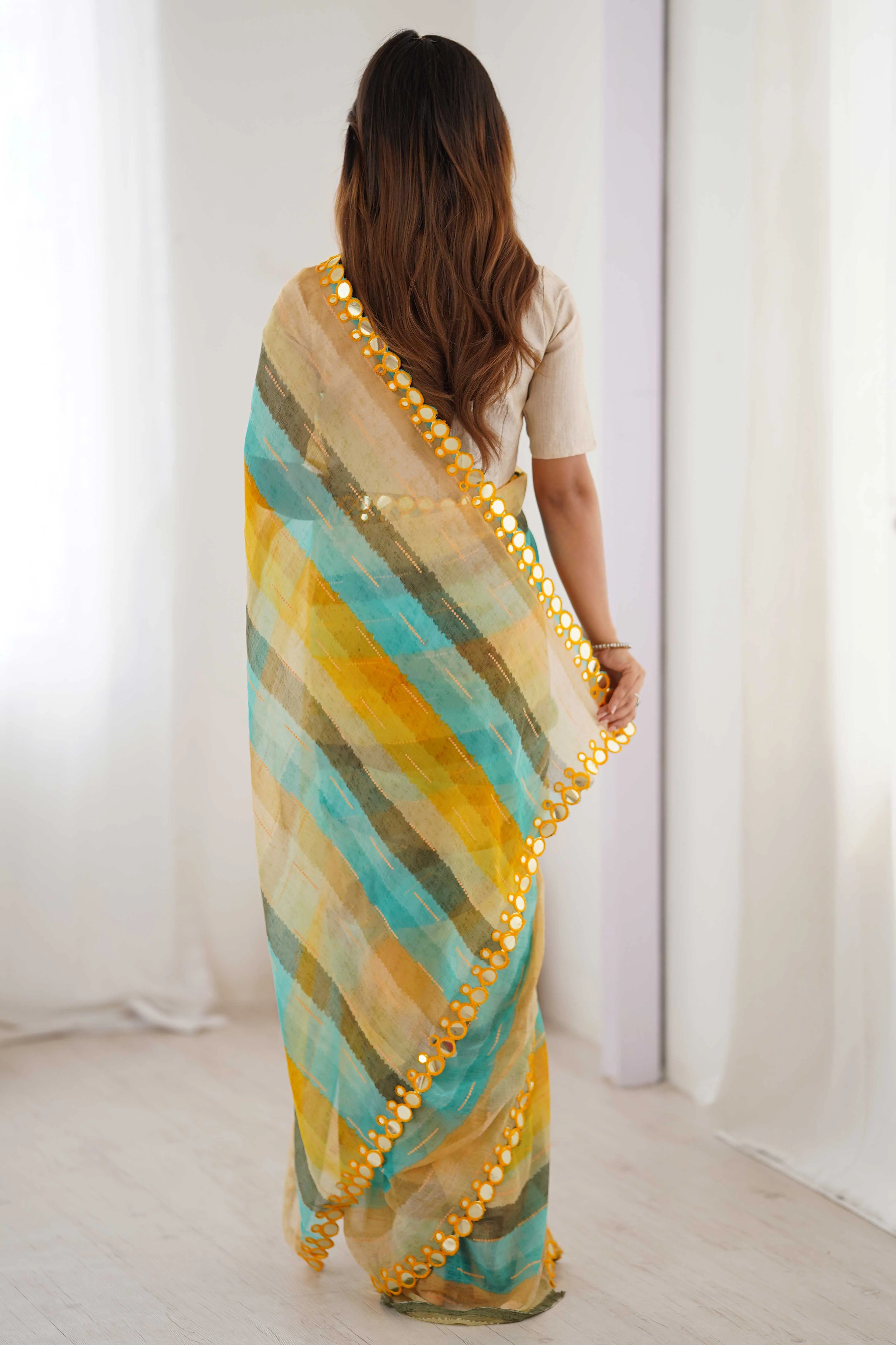 Soft Chiffon Yellow Saree Featuring Classic Leheriya and Mirror Work Edges - Image 7