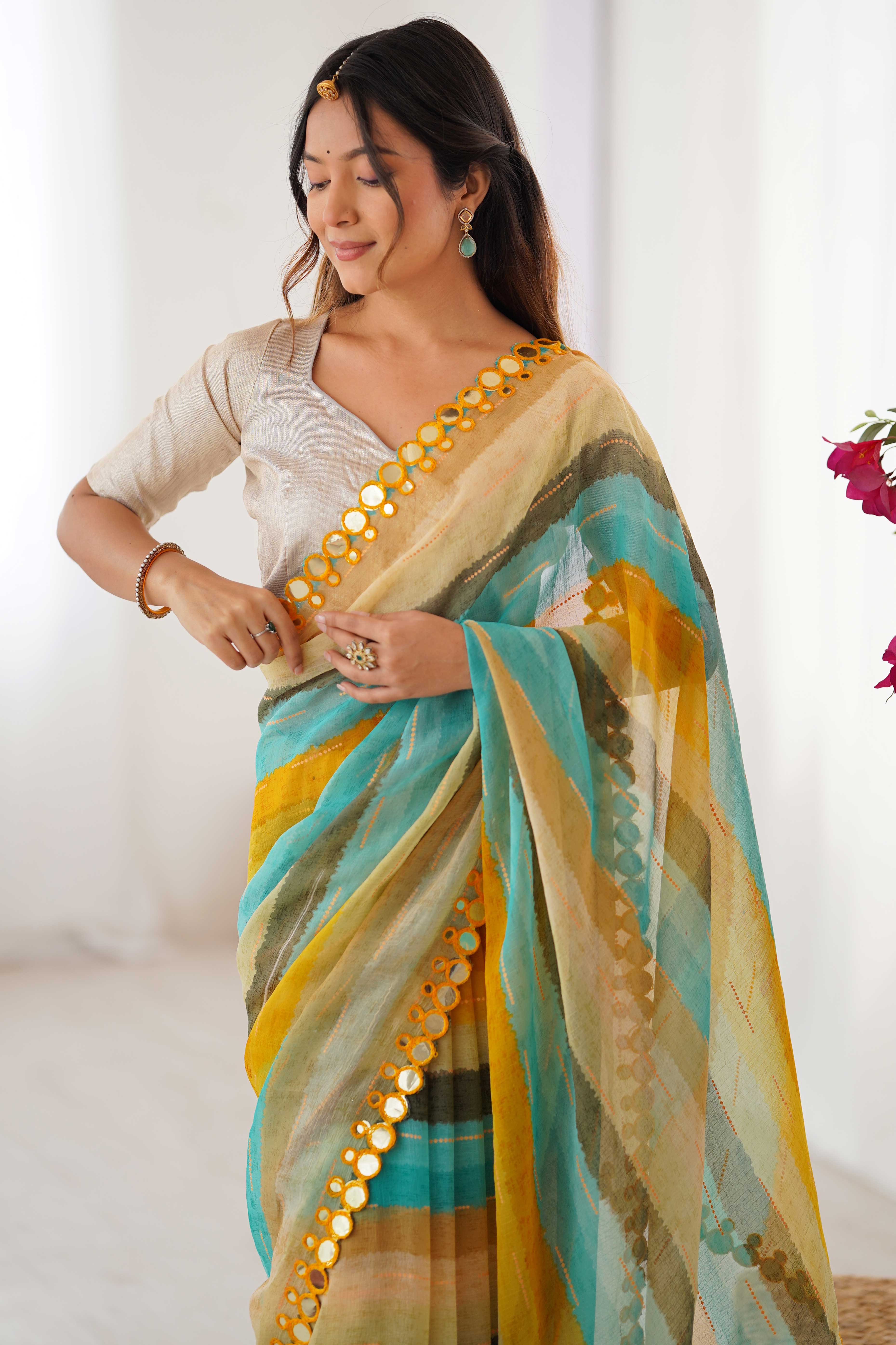 Soft Chiffon Yellow Saree Featuring Classic Leheriya and Mirror Work Edges - Image 8