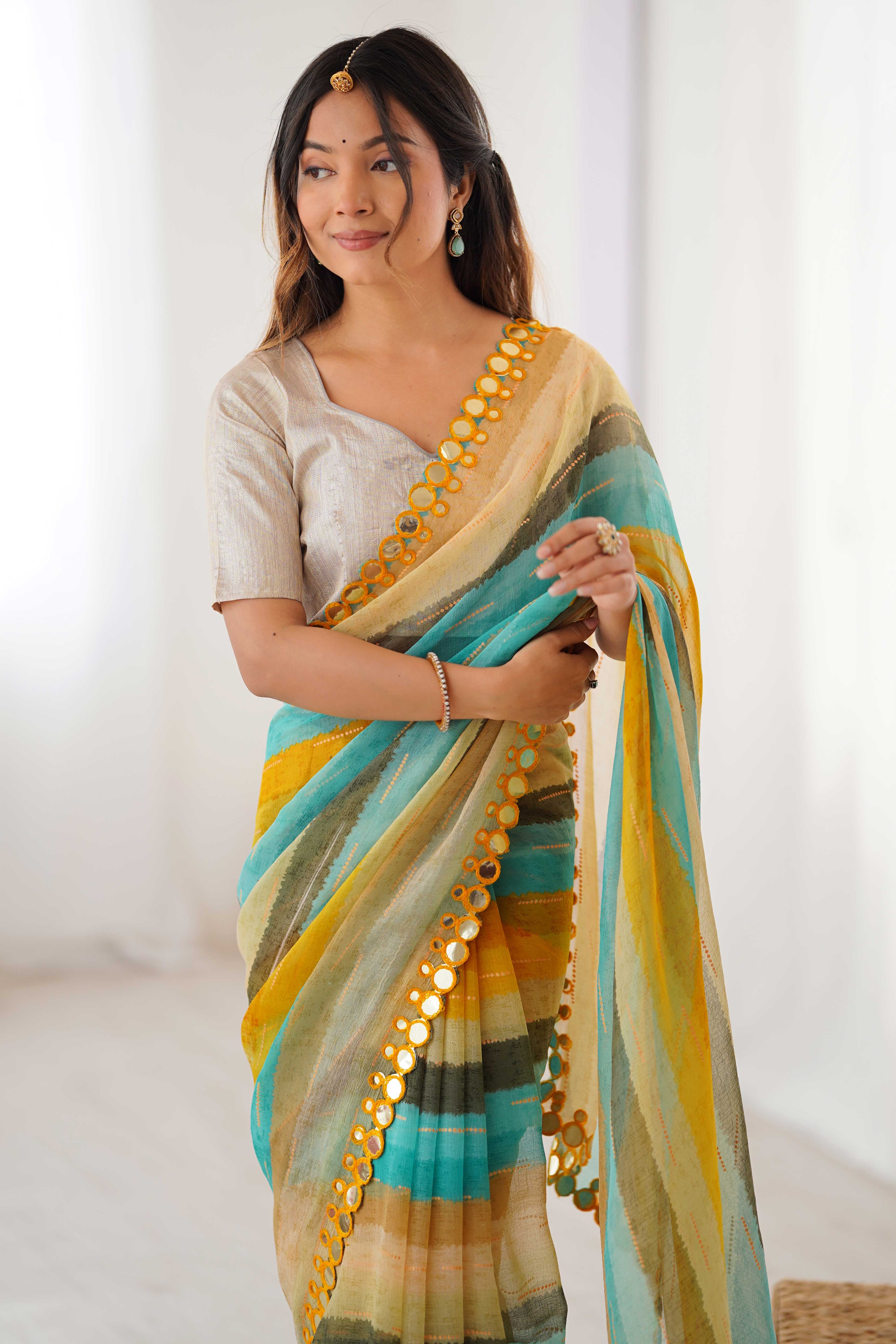 Soft Chiffon Yellow Saree Featuring Classic Leheriya and Mirror Work Edges - Image 9