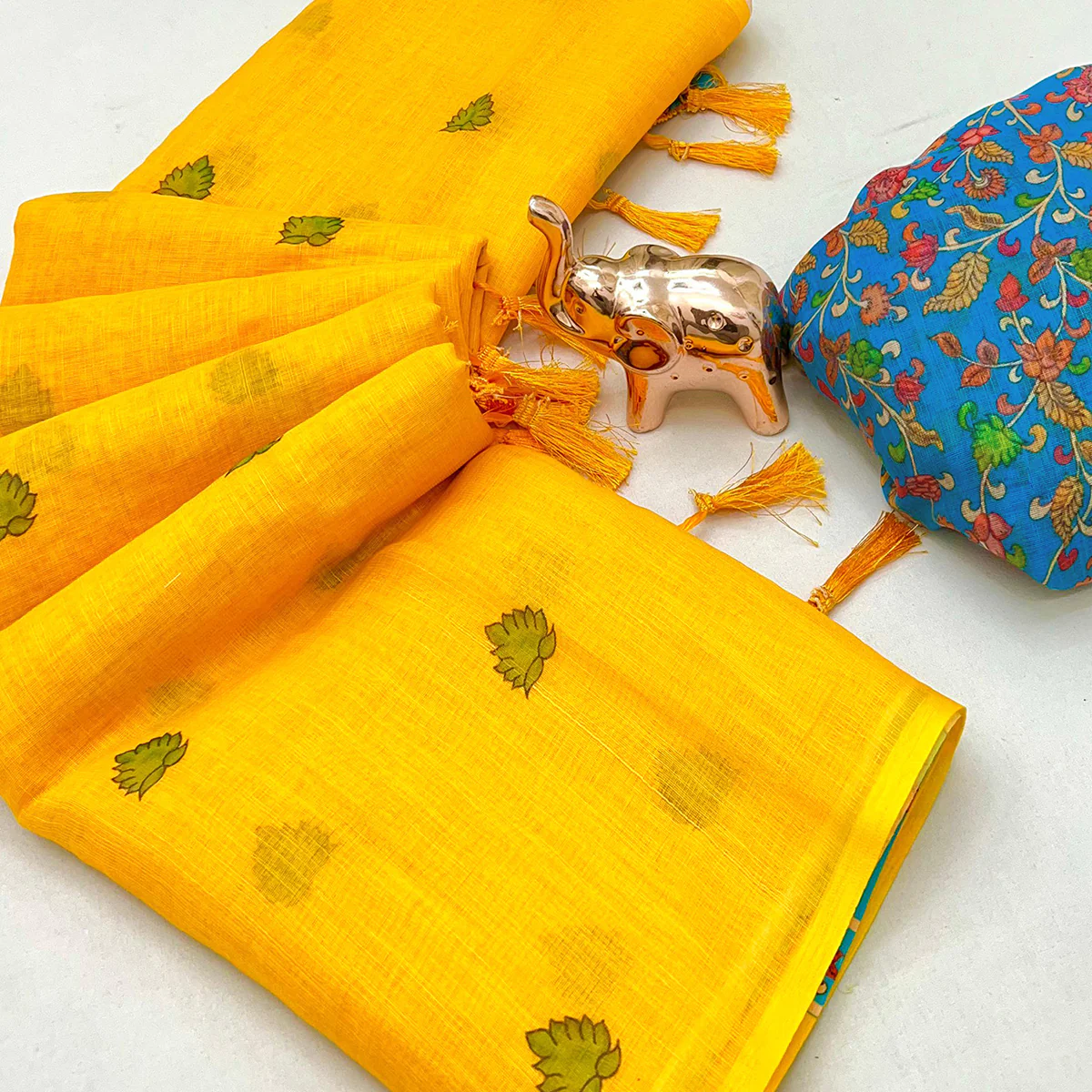 Soft & Comfortable Yellow Linen Saree with Modern Printed Styling - Image 2