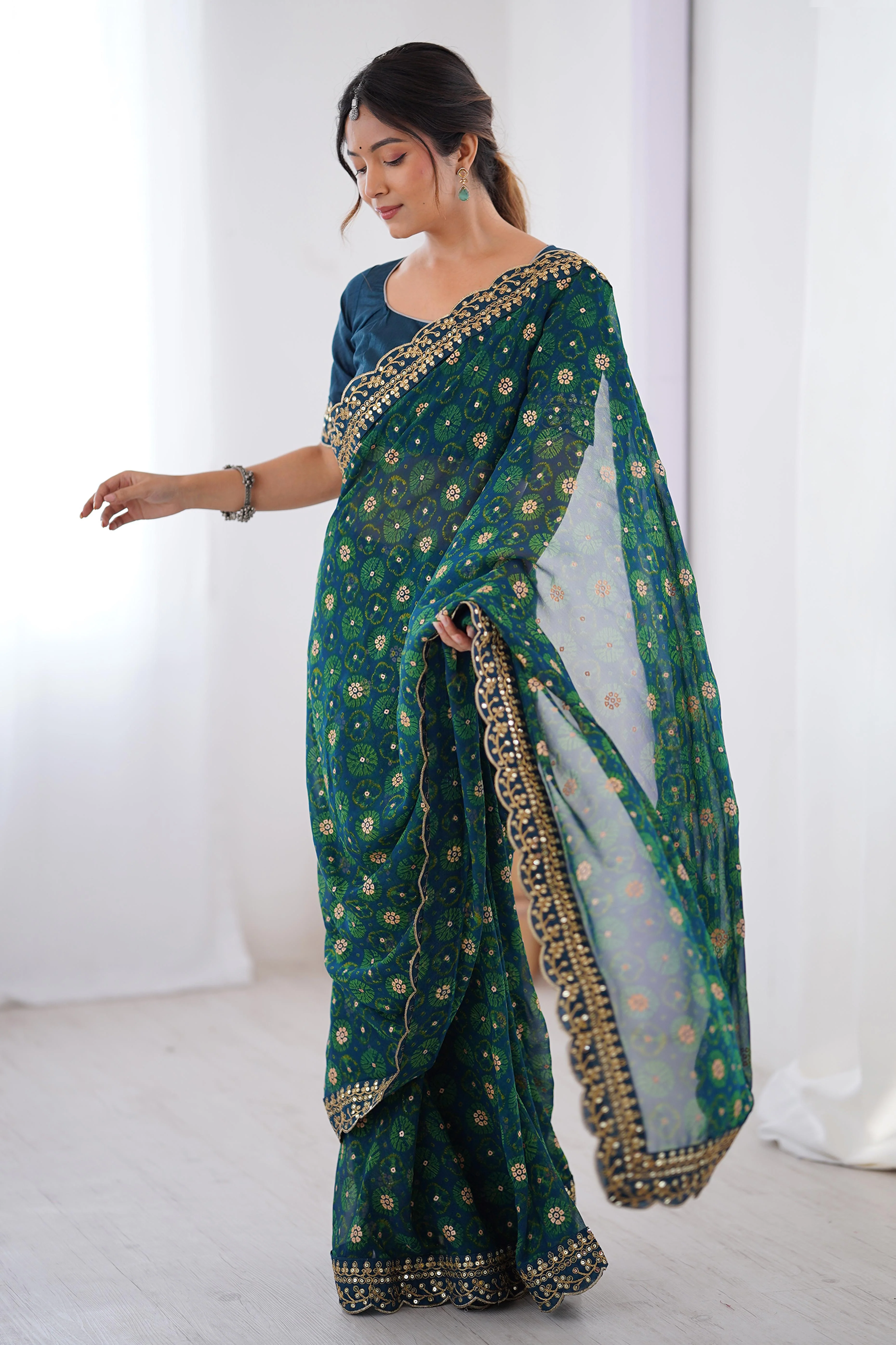 Soft Georgette Blue Saree with Playful Print and Delicate Sequin Lace Work - Image 3