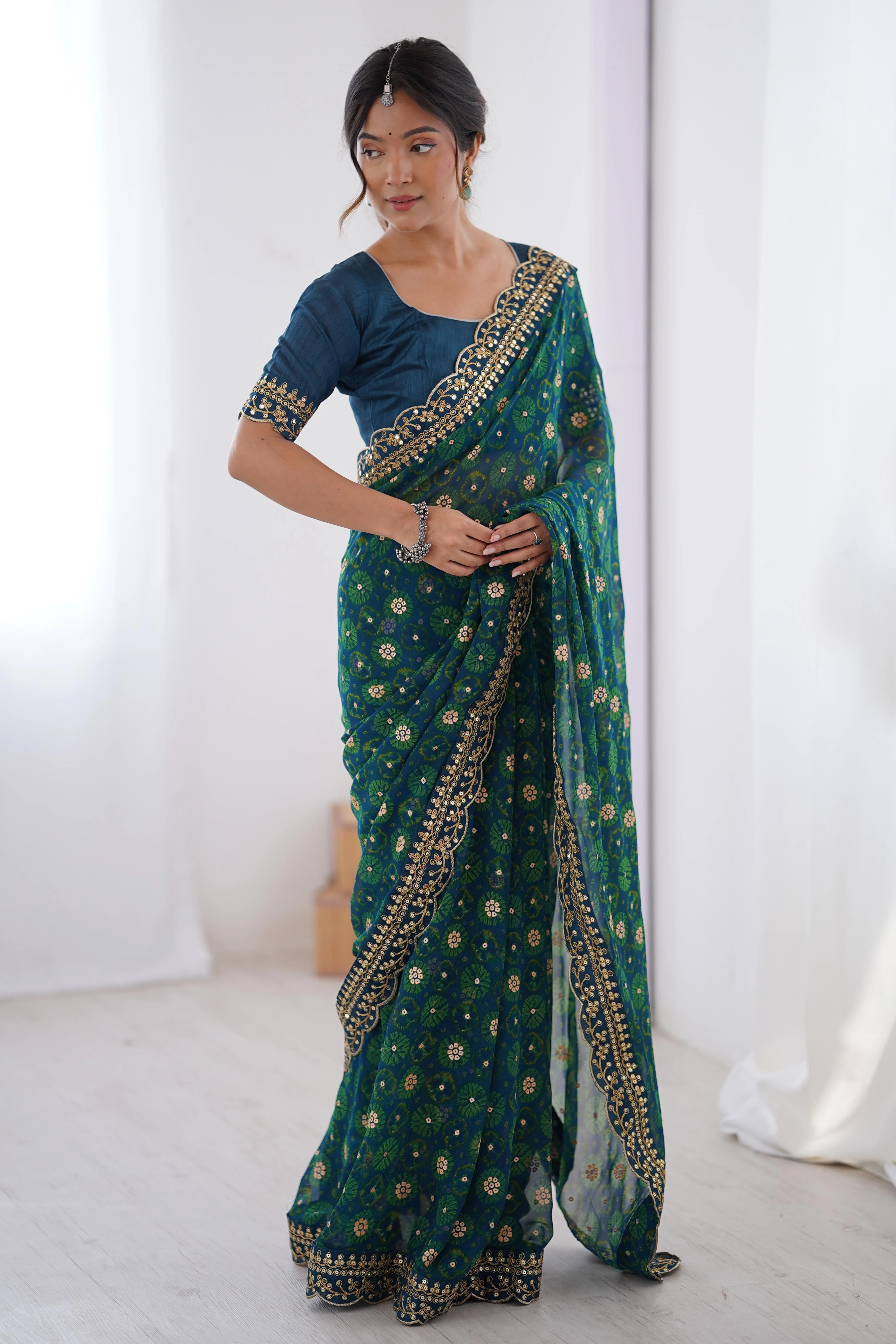 Soft Georgette Blue Saree with Playful Print and Delicate Sequin Lace Work - Image 4