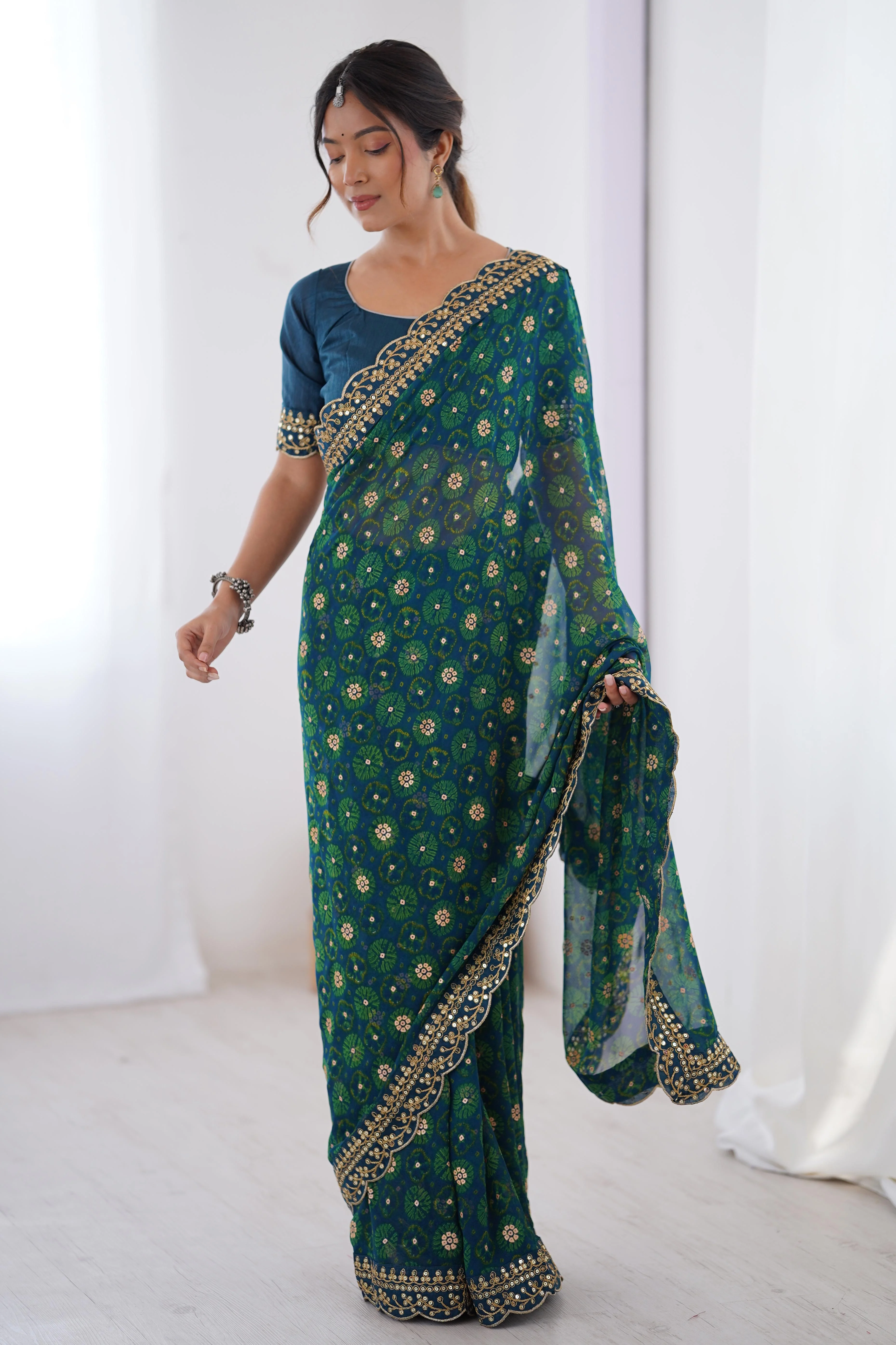 Soft Georgette Blue Saree with Playful Print and Delicate Sequin Lace Work - Image 5