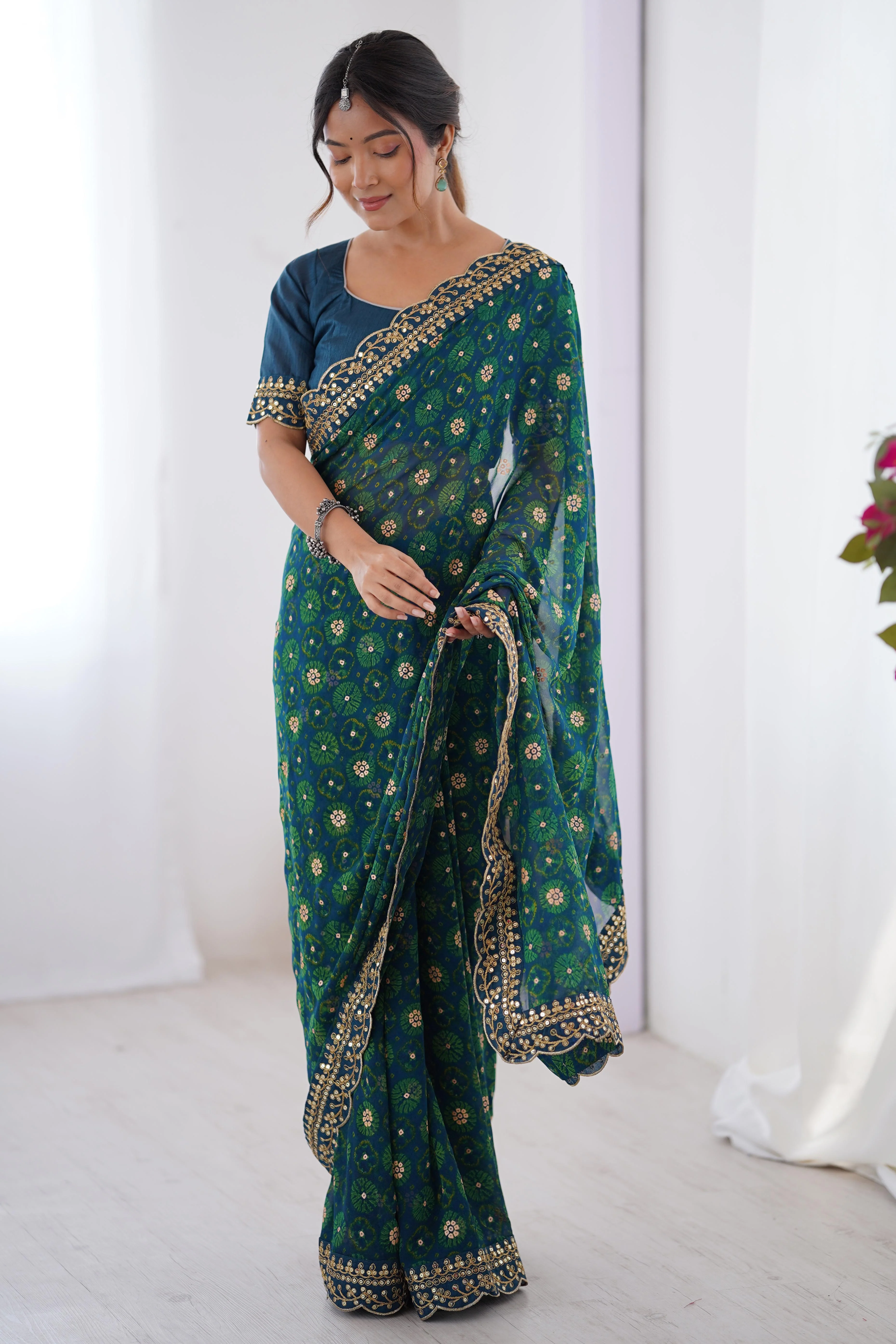 Soft Georgette Blue Saree with Playful Print and Delicate Sequin Lace Work - Image 6