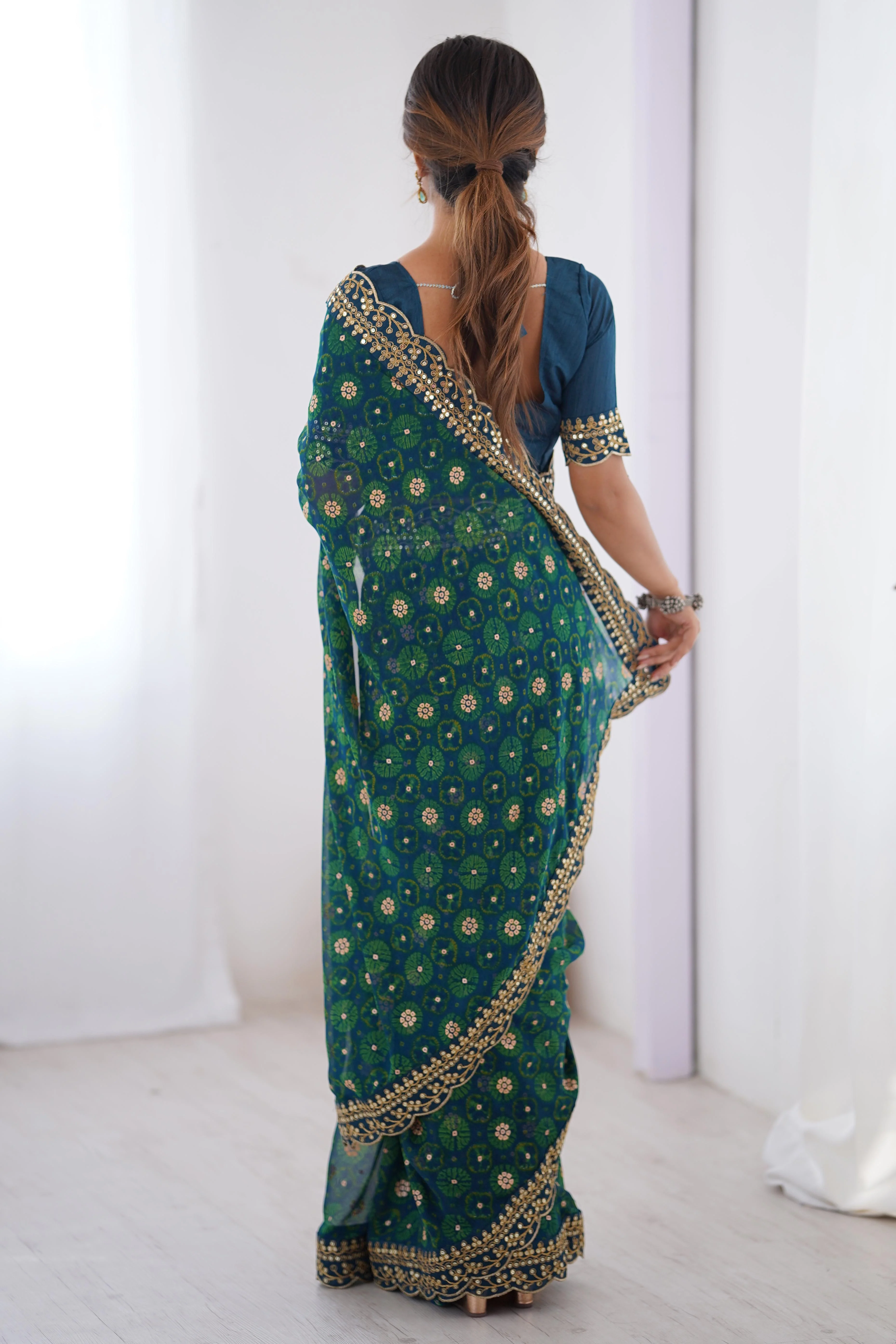 Soft Georgette Blue Saree with Playful Print and Delicate Sequin Lace Work - Image 7