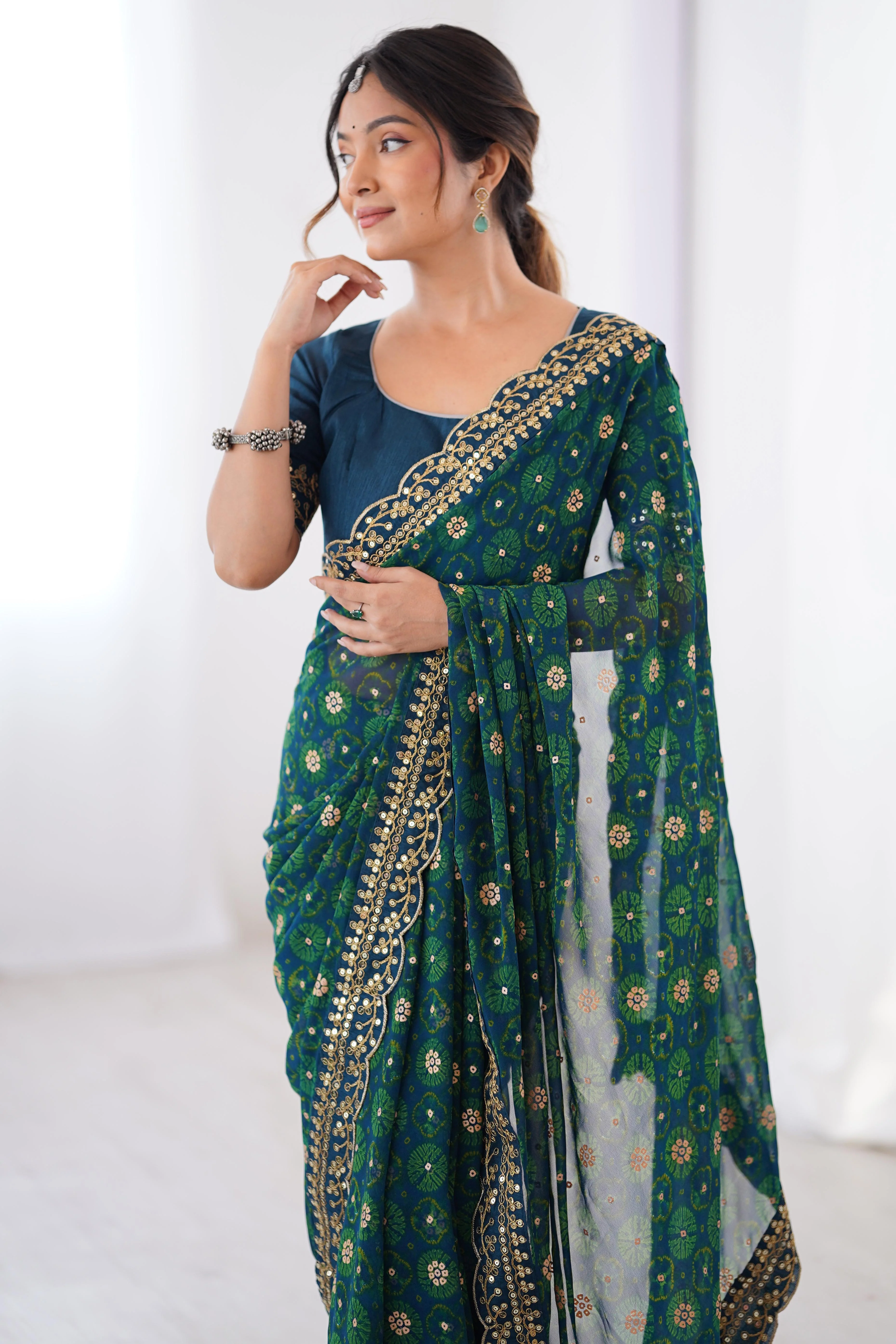 Soft Georgette Blue Saree with Playful Print and Delicate Sequin Lace Work - Image 8