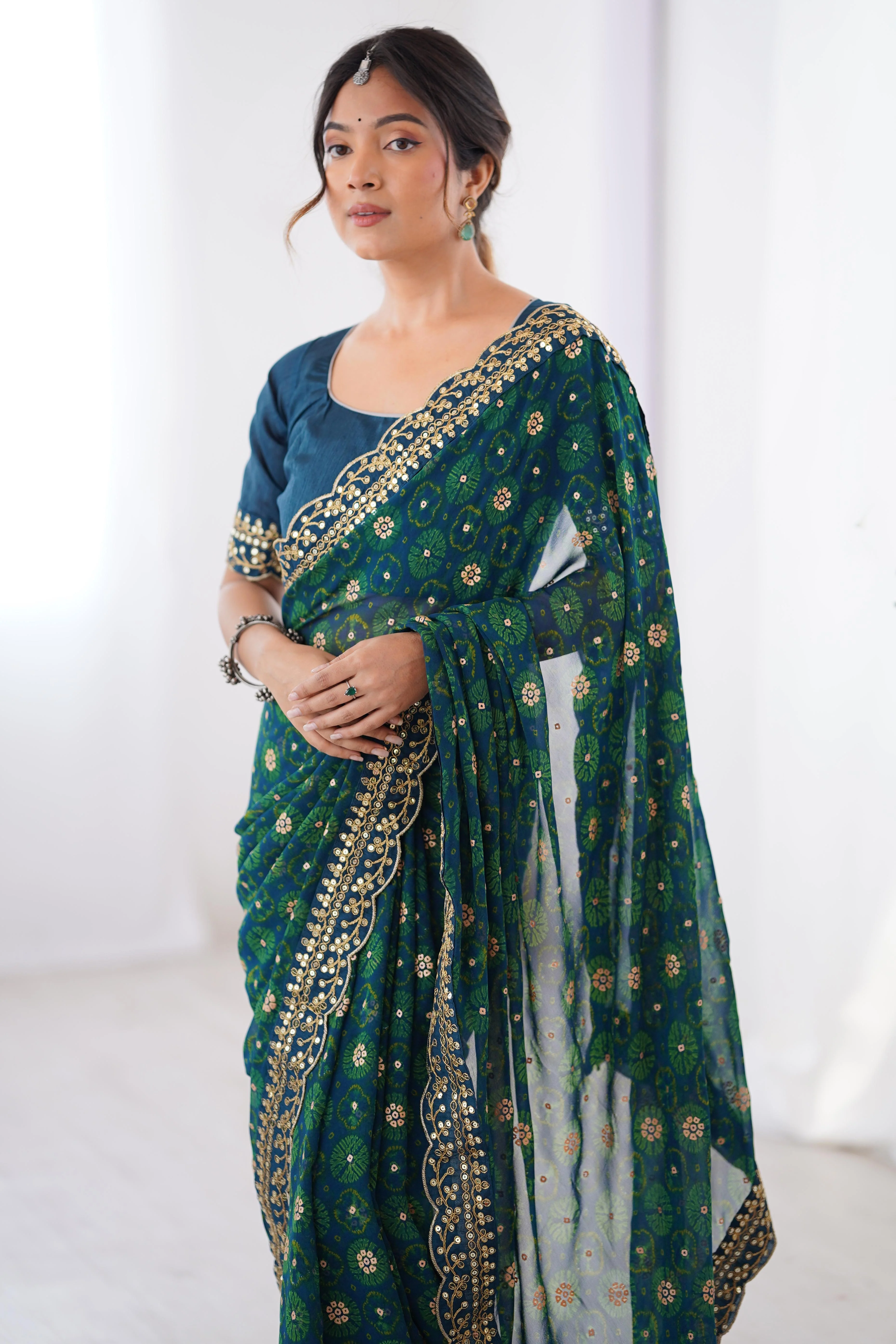Soft Georgette Blue Saree with Playful Print and Delicate Sequin Lace Work - Image 9