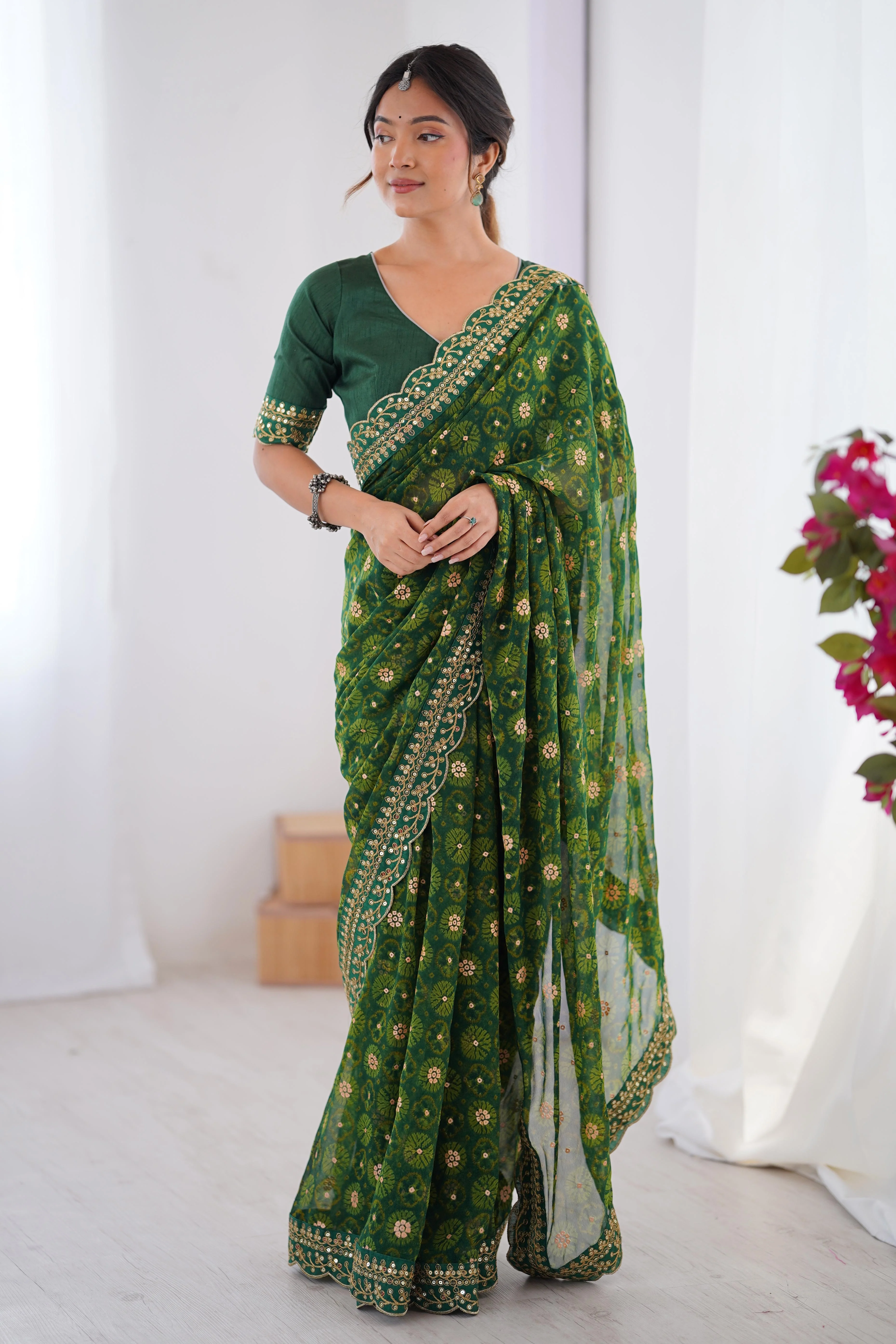 Soft Georgette Green Saree with Playful Print and Delicate Sequin Lace Work - Image 3