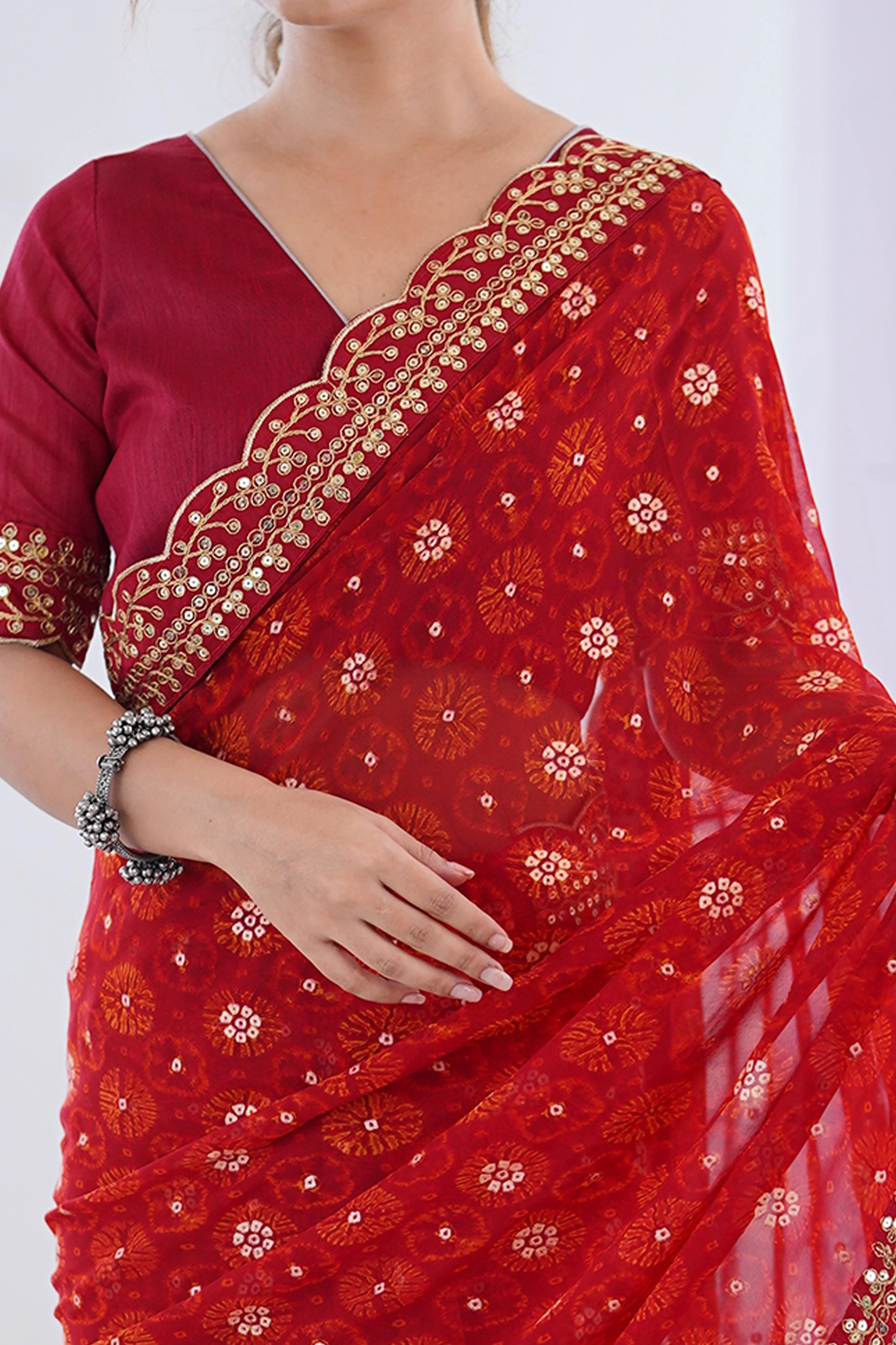 Soft Georgette Red Saree with Playful Print and Delicate Sequin Lace Work - Image 2