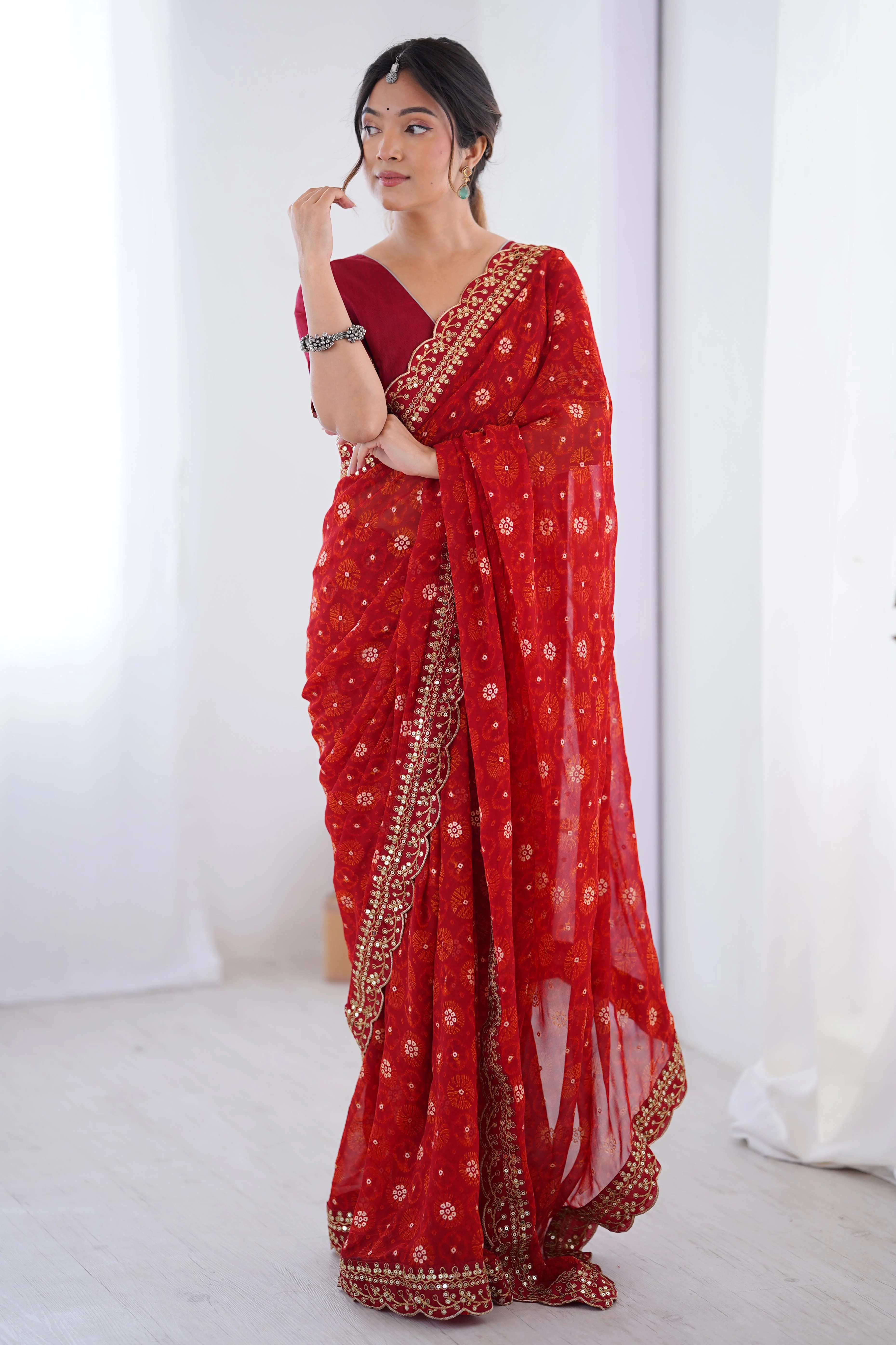 Soft Georgette Red Saree with Playful Print and Delicate Sequin Lace Work - Image 3