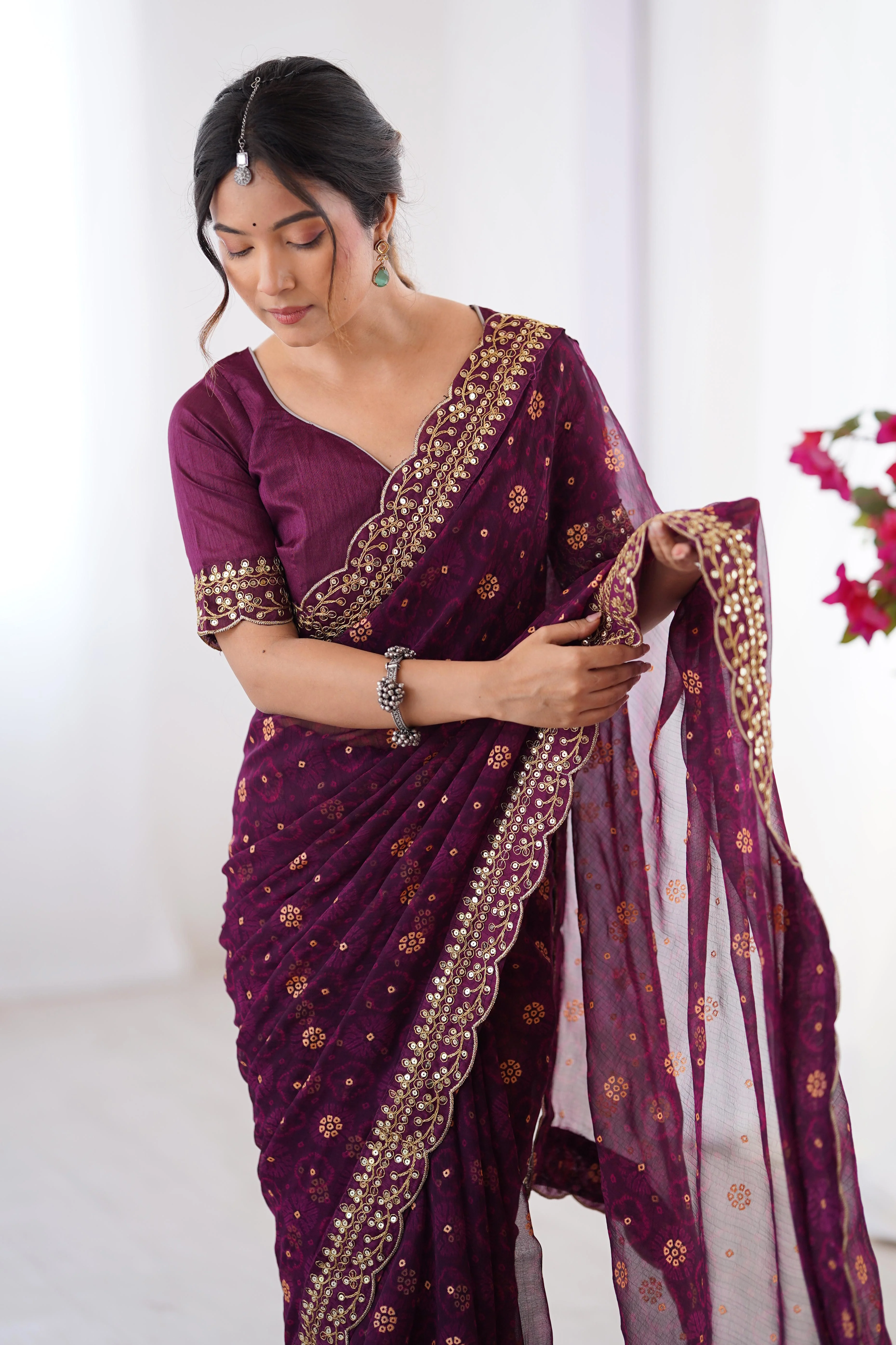 Soft Georgette Wine Saree with Playful Print and Delicate Sequin Lace Work - Image 10