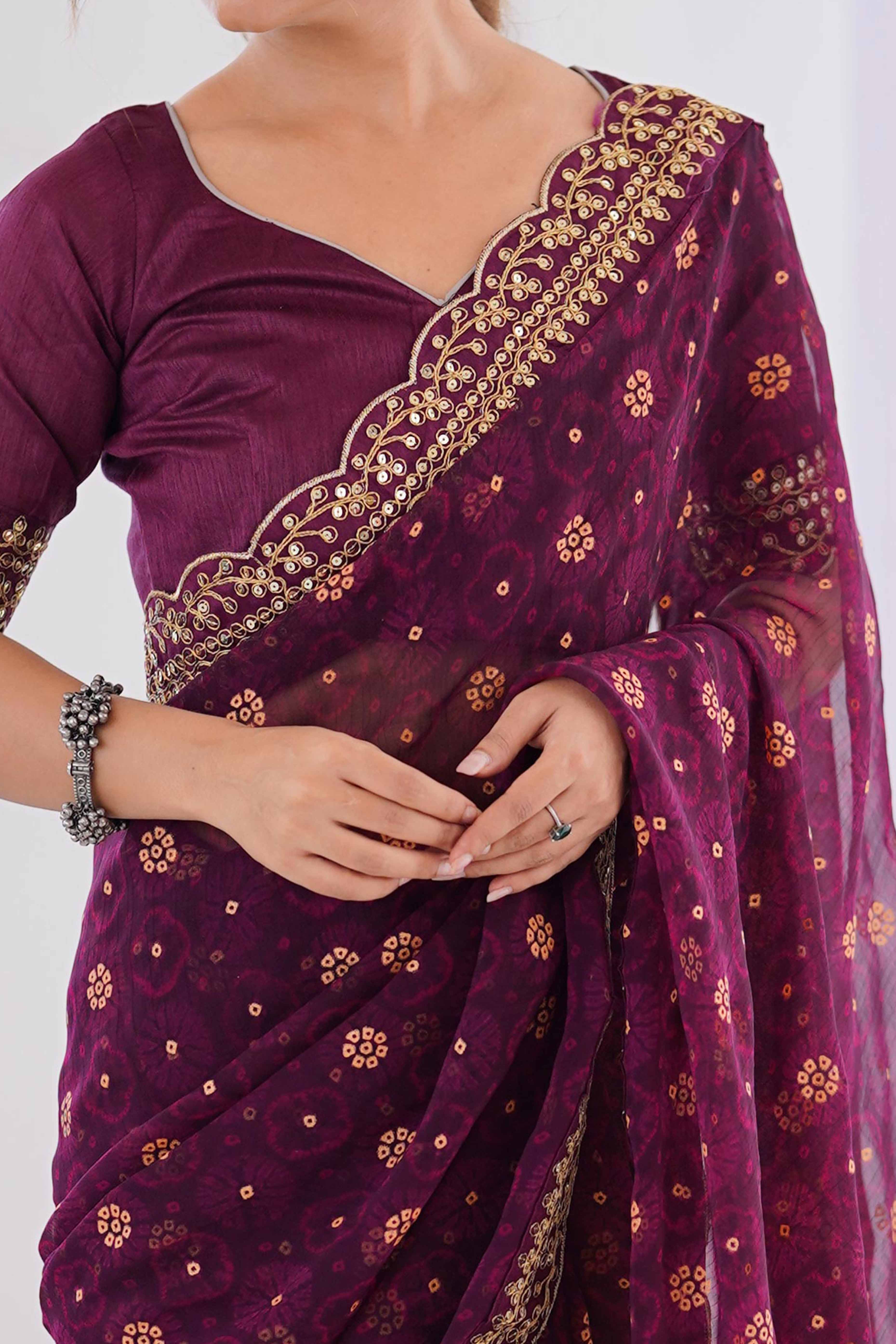 Soft Georgette Wine Saree with Playful Print and Delicate Sequin Lace Work - Image 2