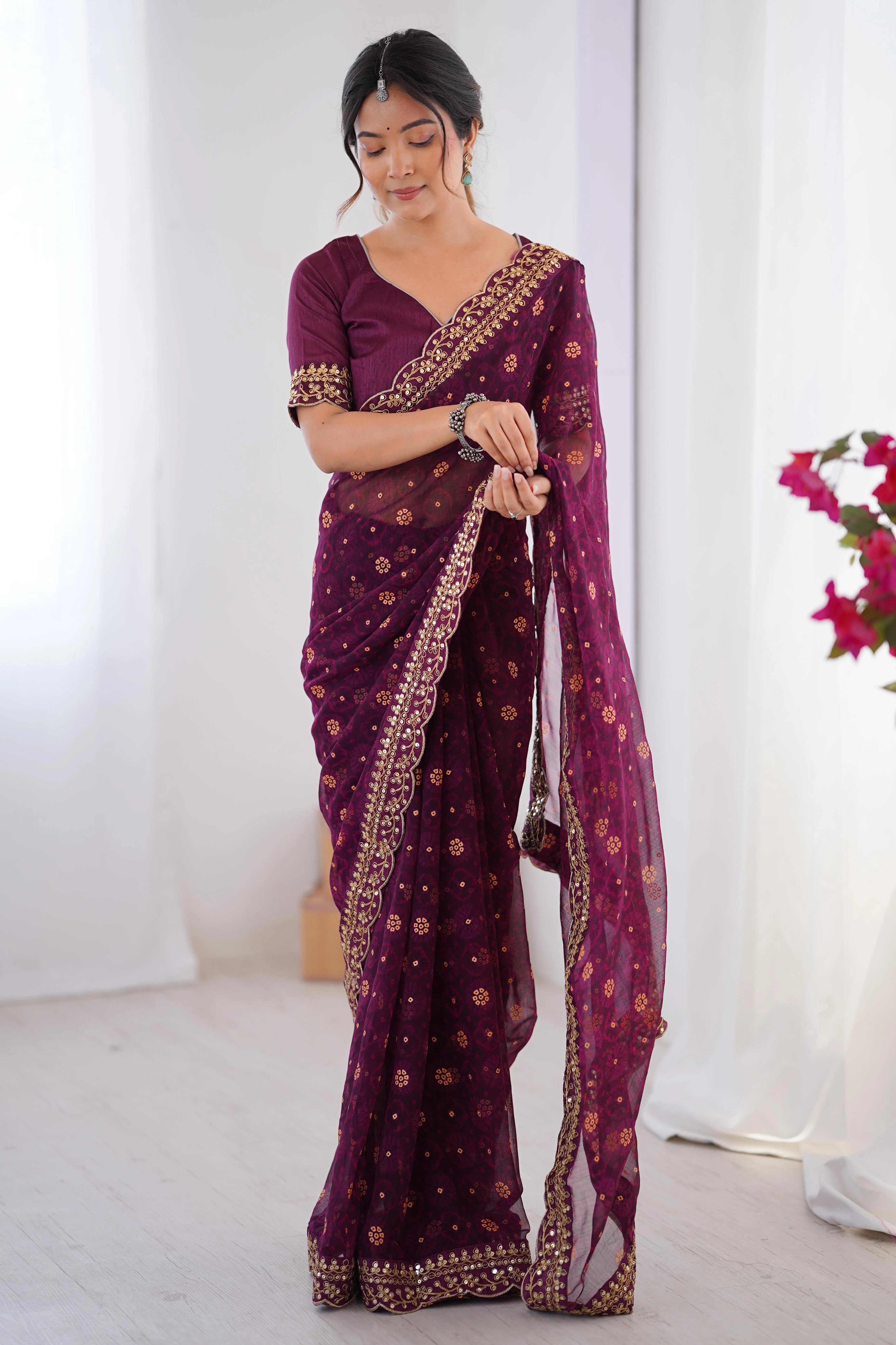 Soft Georgette Wine Saree with Playful Print and Delicate Sequin Lace Work - Image 3