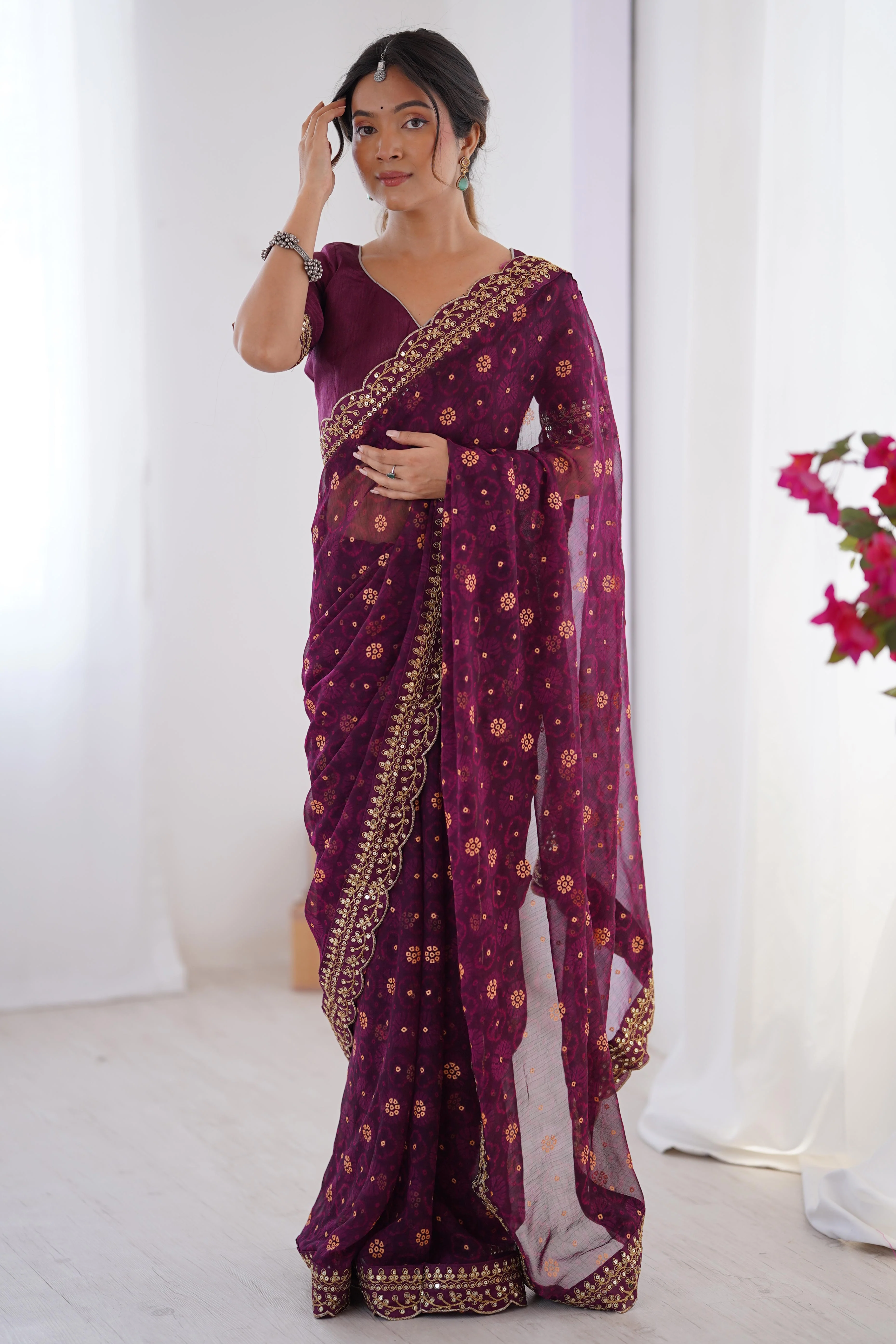 Soft Georgette Wine Saree with Playful Print and Delicate Sequin Lace Work - Image 4