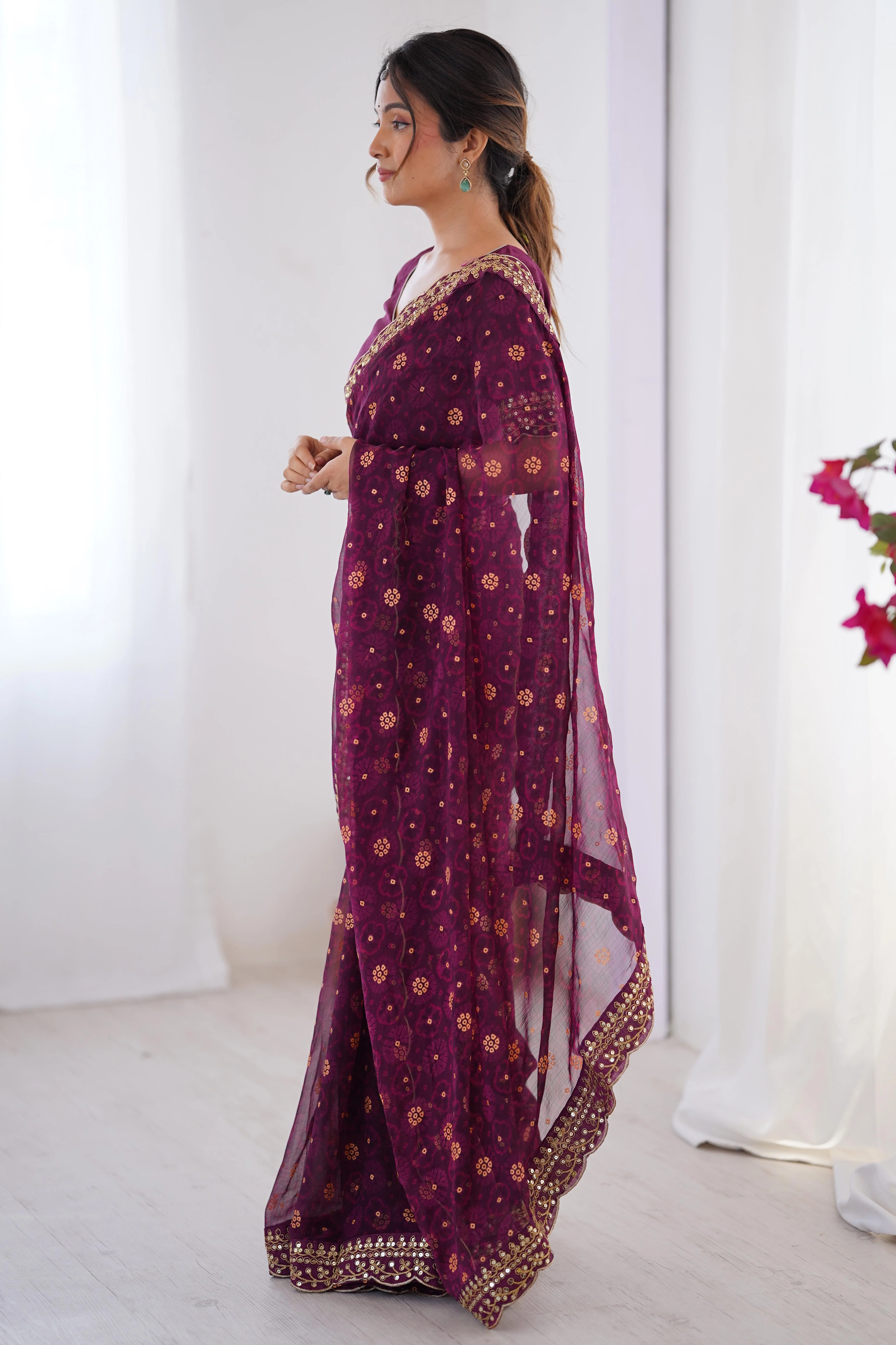 Soft Georgette Wine Saree with Playful Print and Delicate Sequin Lace Work - Image 5