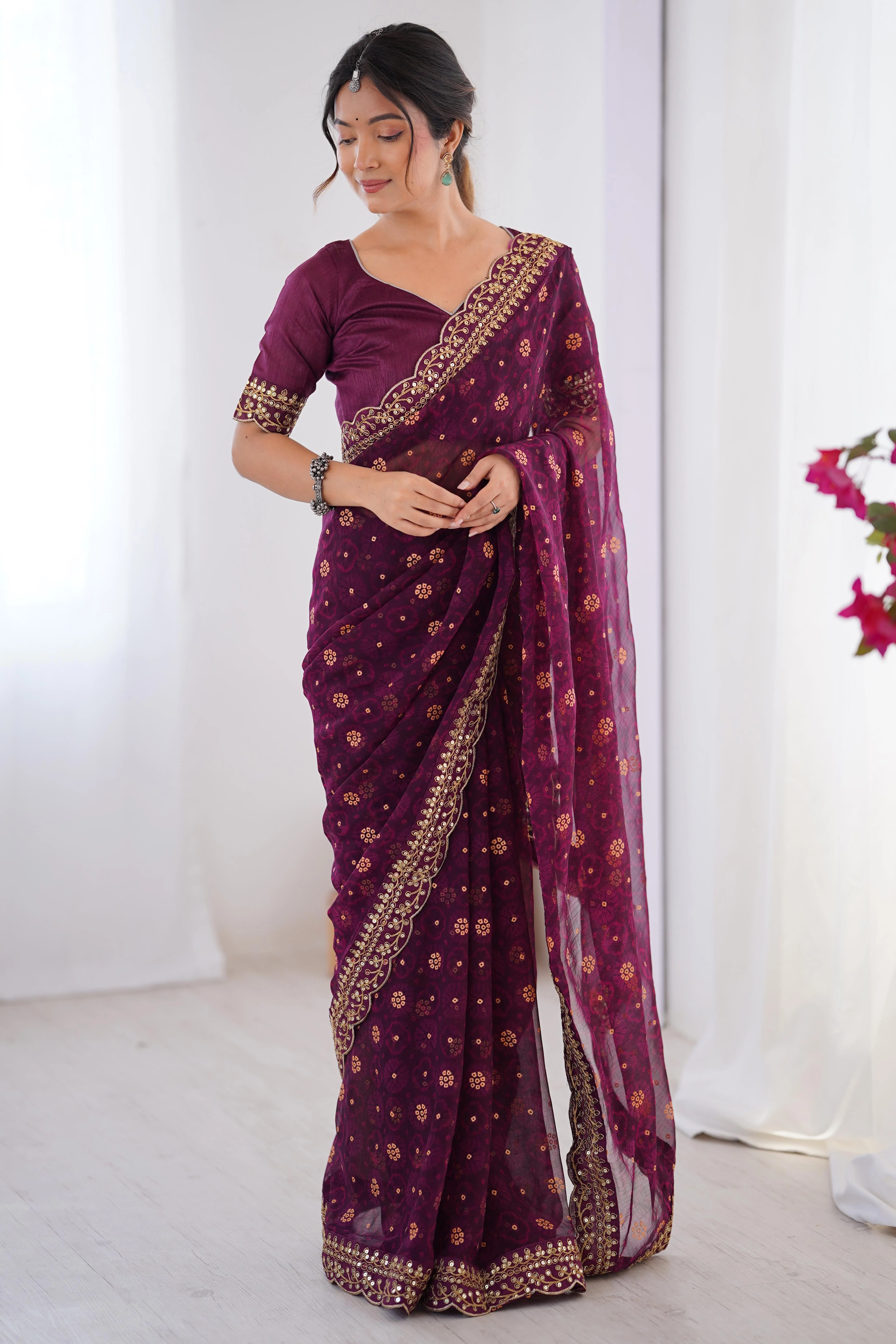 Soft Georgette Wine Saree with Playful Print and Delicate Sequin Lace Work - Image 6