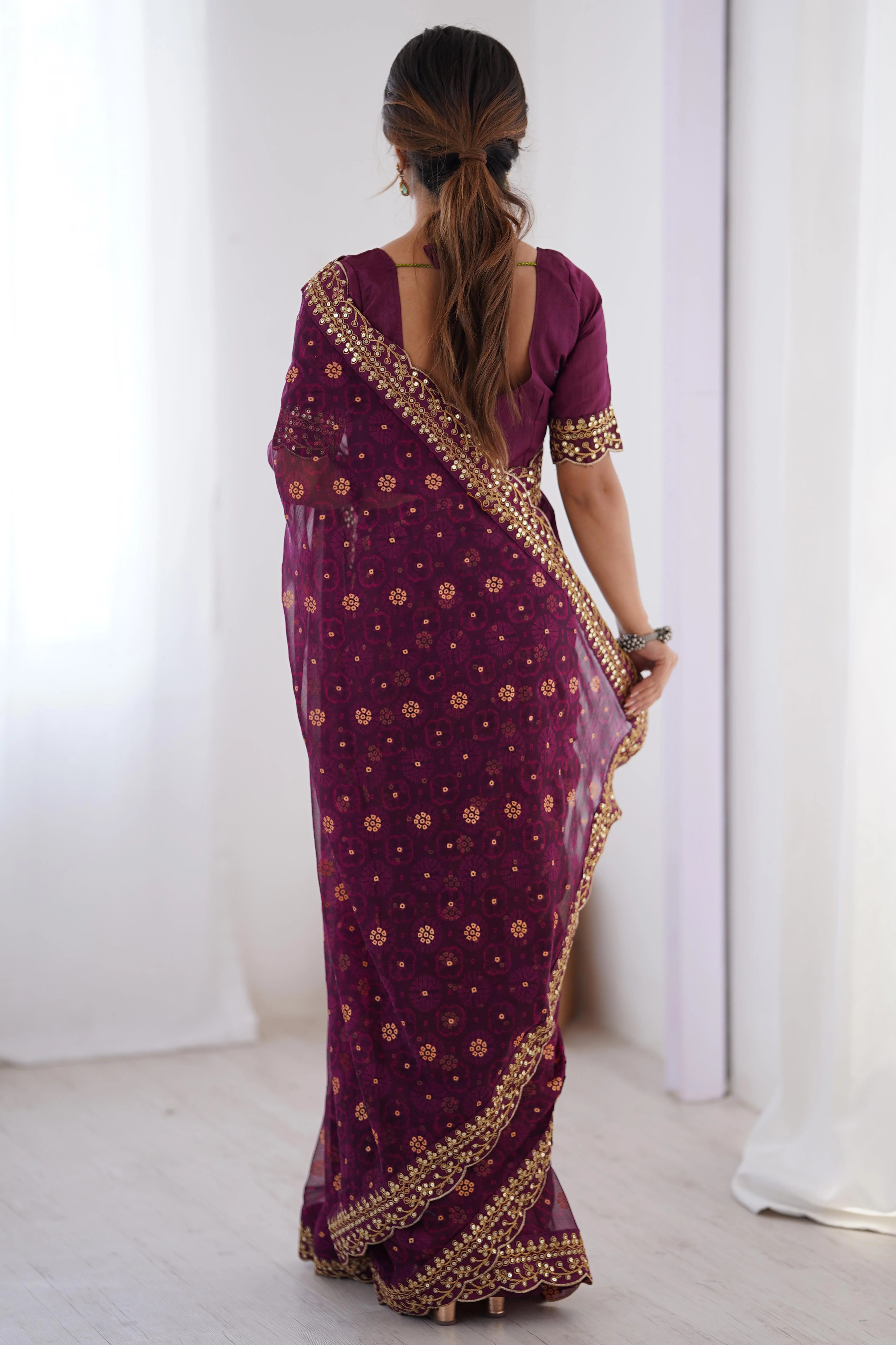 Soft Georgette Wine Saree with Playful Print and Delicate Sequin Lace Work - Image 7
