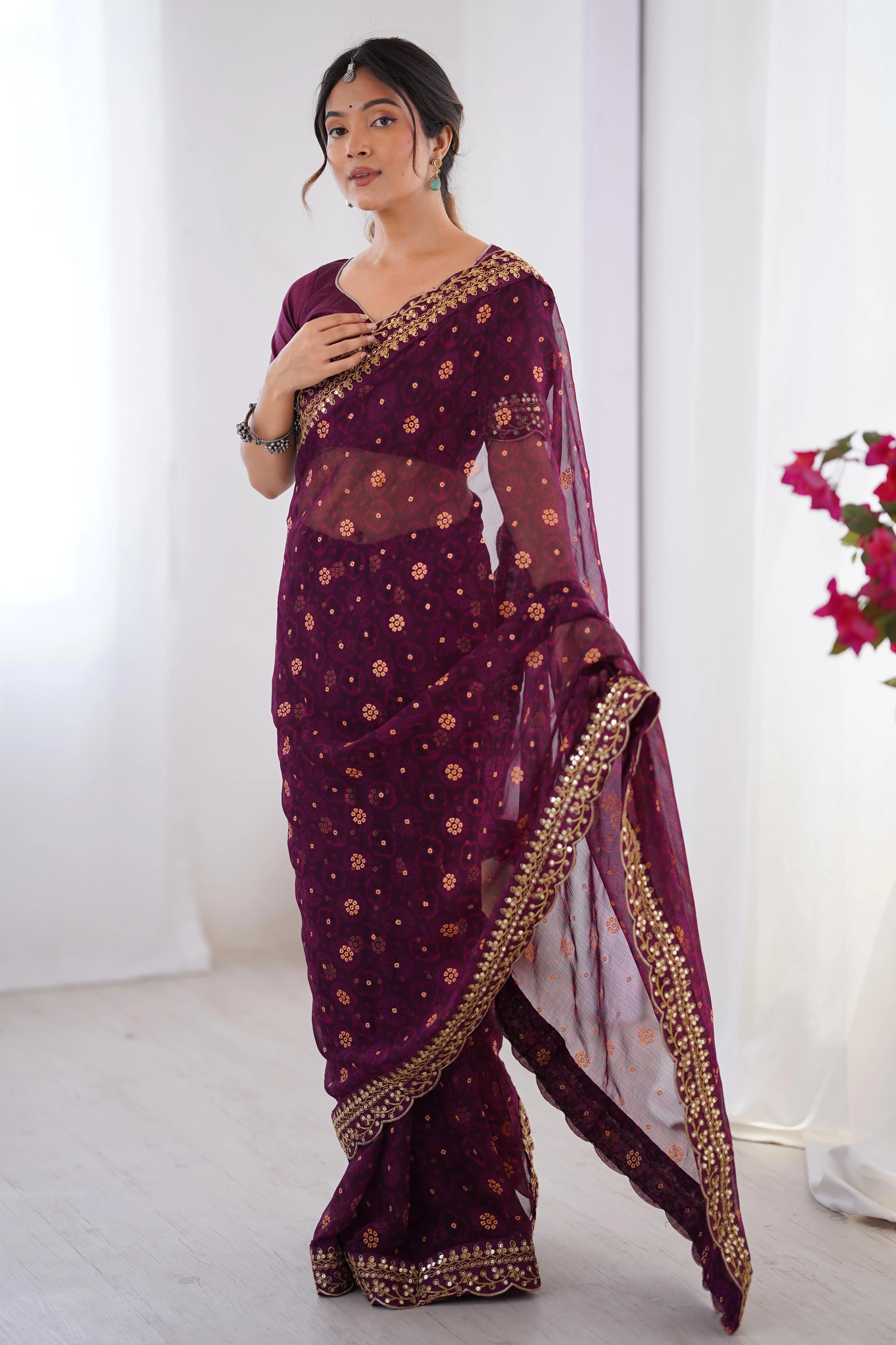 Soft Georgette Wine Saree with Playful Print and Delicate Sequin Lace Work - Image 8