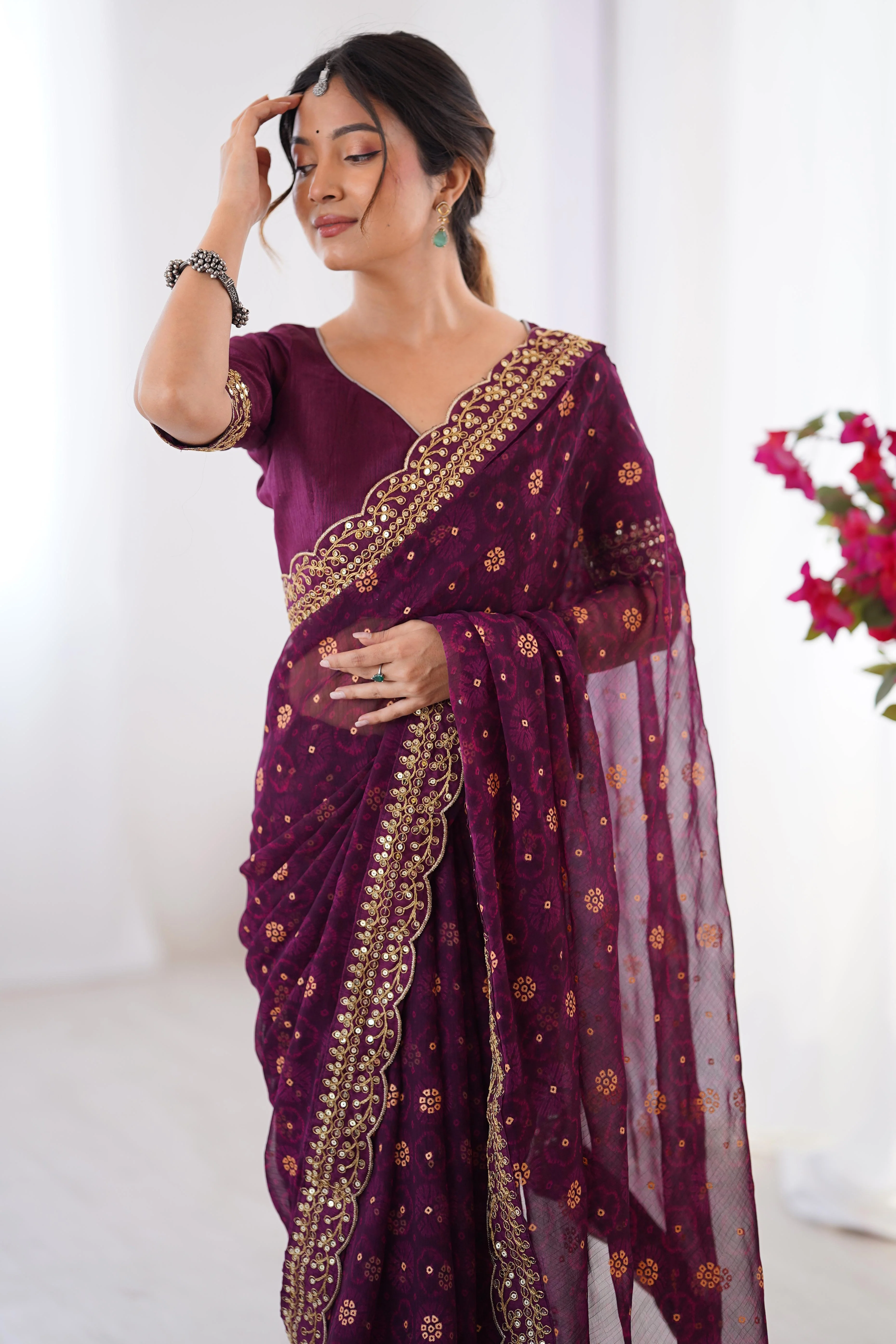 Soft Georgette Wine Saree with Playful Print and Delicate Sequin Lace Work - Image 9