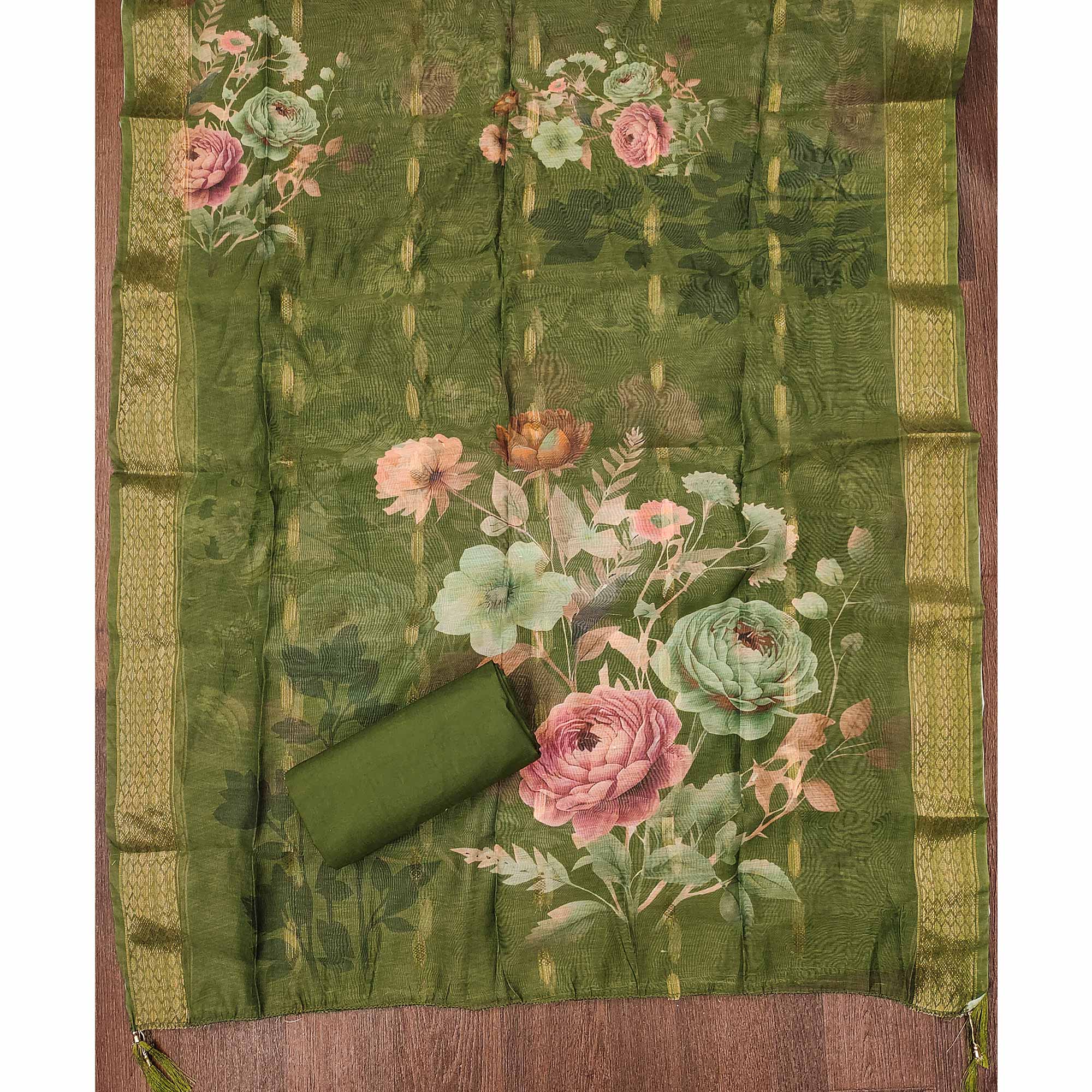 Soft Green Cotton Blend Unstitched Suit Material with Delicate Floral Embroidery - Image 5