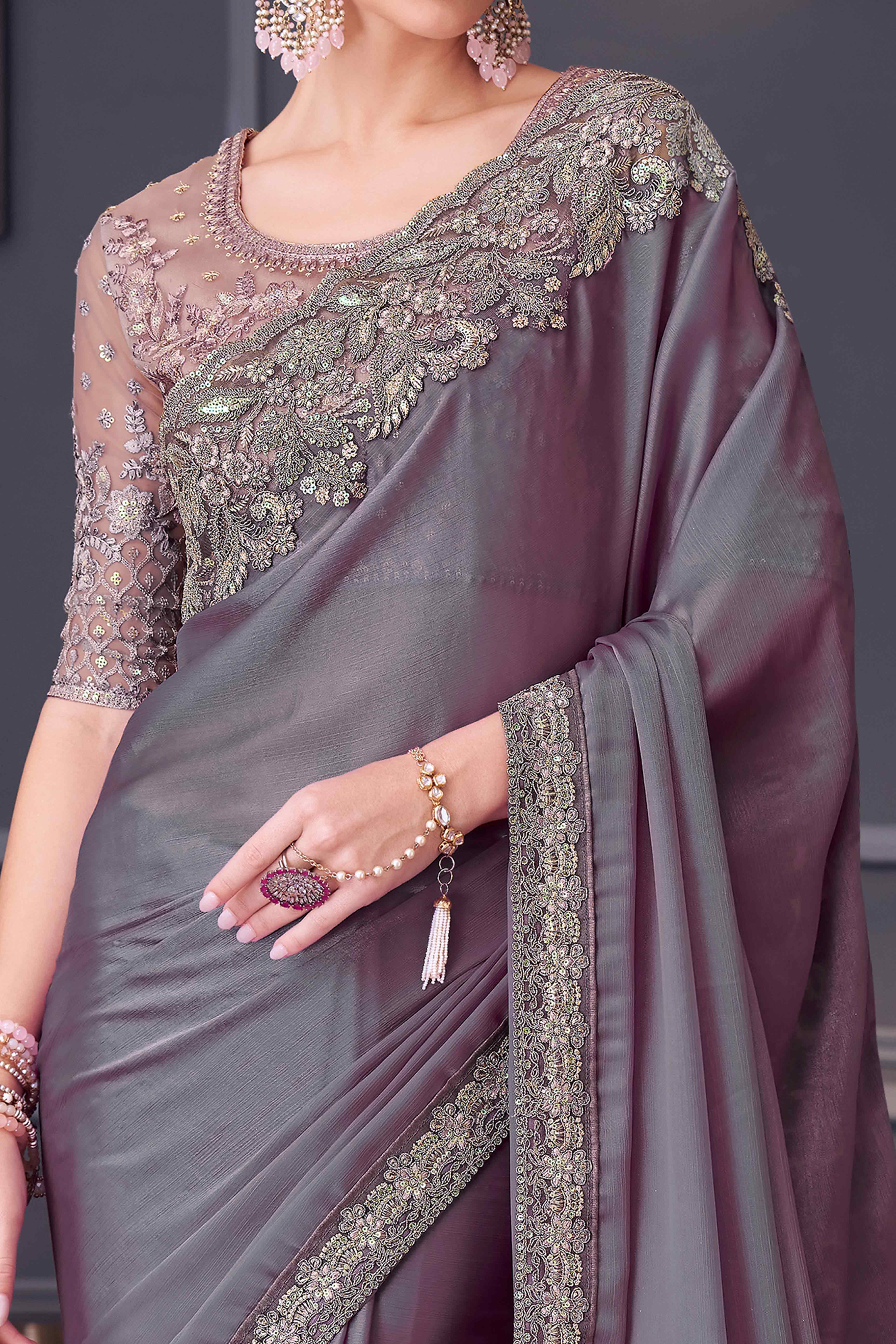 Soft Lavender Sequins Embroidered Chiffon Saree - Image 2