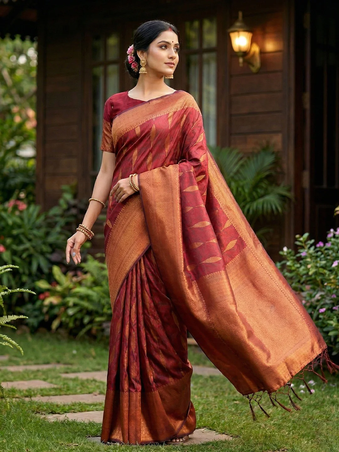 Soft Maroon Silk Blend Saree with Woven Design and Border Comfortable Ethnic Wear - Image 2
