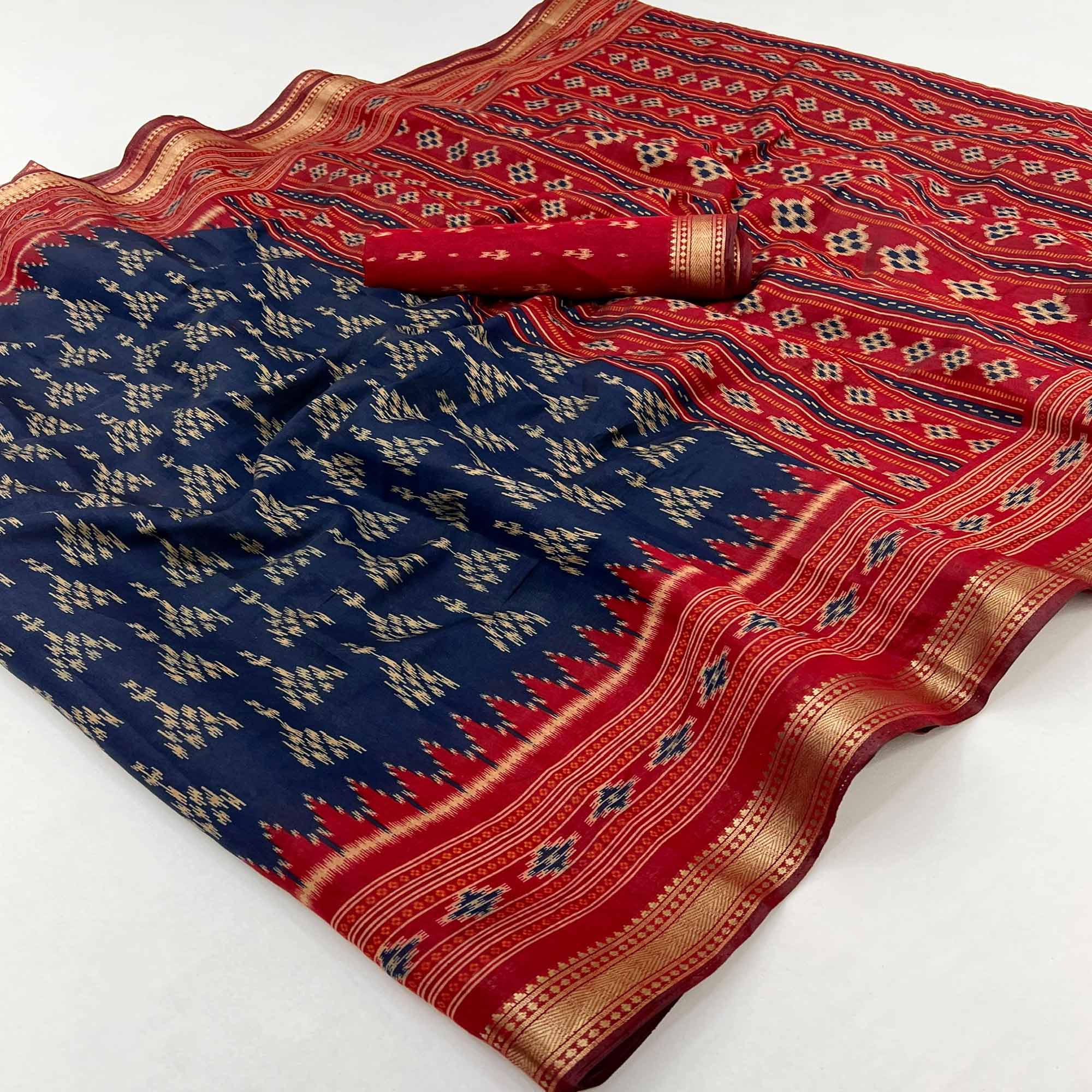 Soft Mulmul Cotton Saree in Navy Blue with Classic Patola Design - Image 3