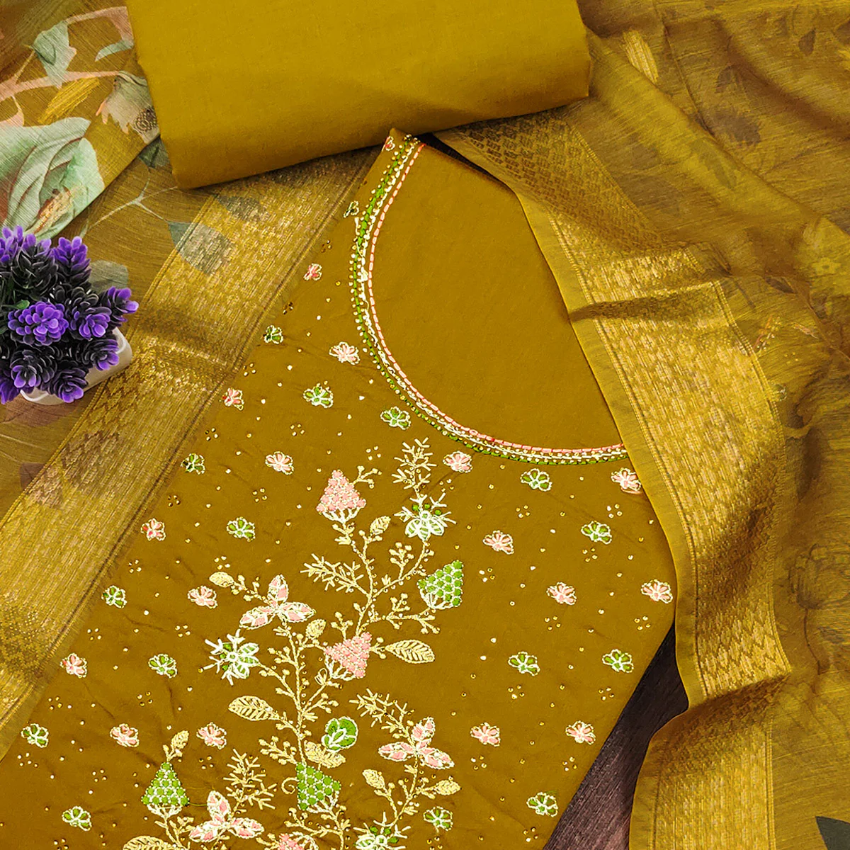 Soft Olive Cotton Blend Unstitched Suit Material with Delicate Floral Embroidery - Image 2