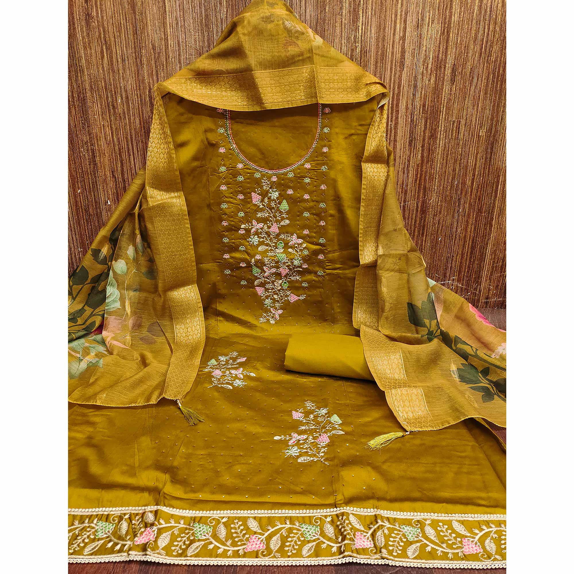 Soft Olive Cotton Blend Unstitched Suit Material with Delicate Floral Embroidery - Image 3