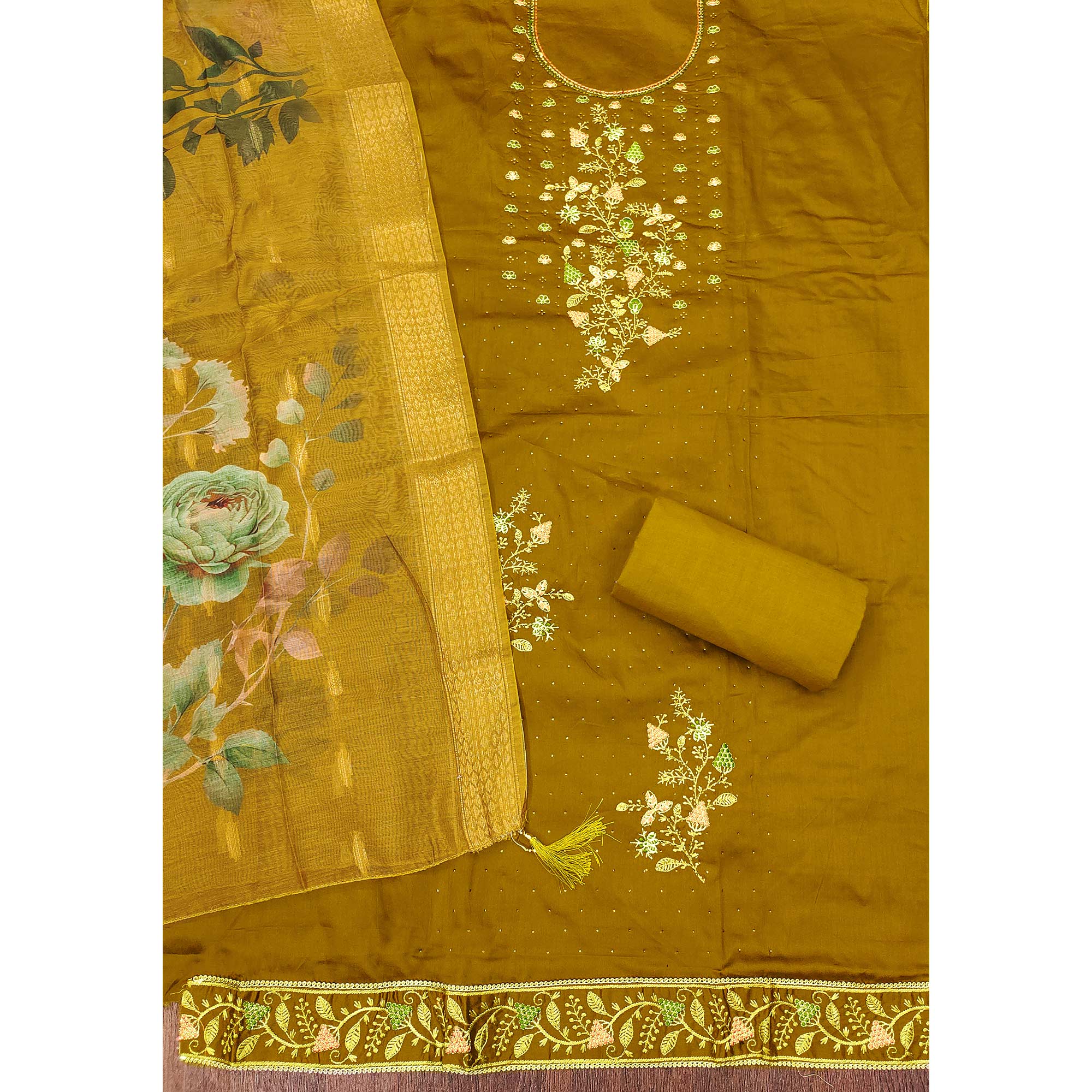 Soft Olive Cotton Blend Unstitched Suit Material with Delicate Floral Embroidery - Image 4