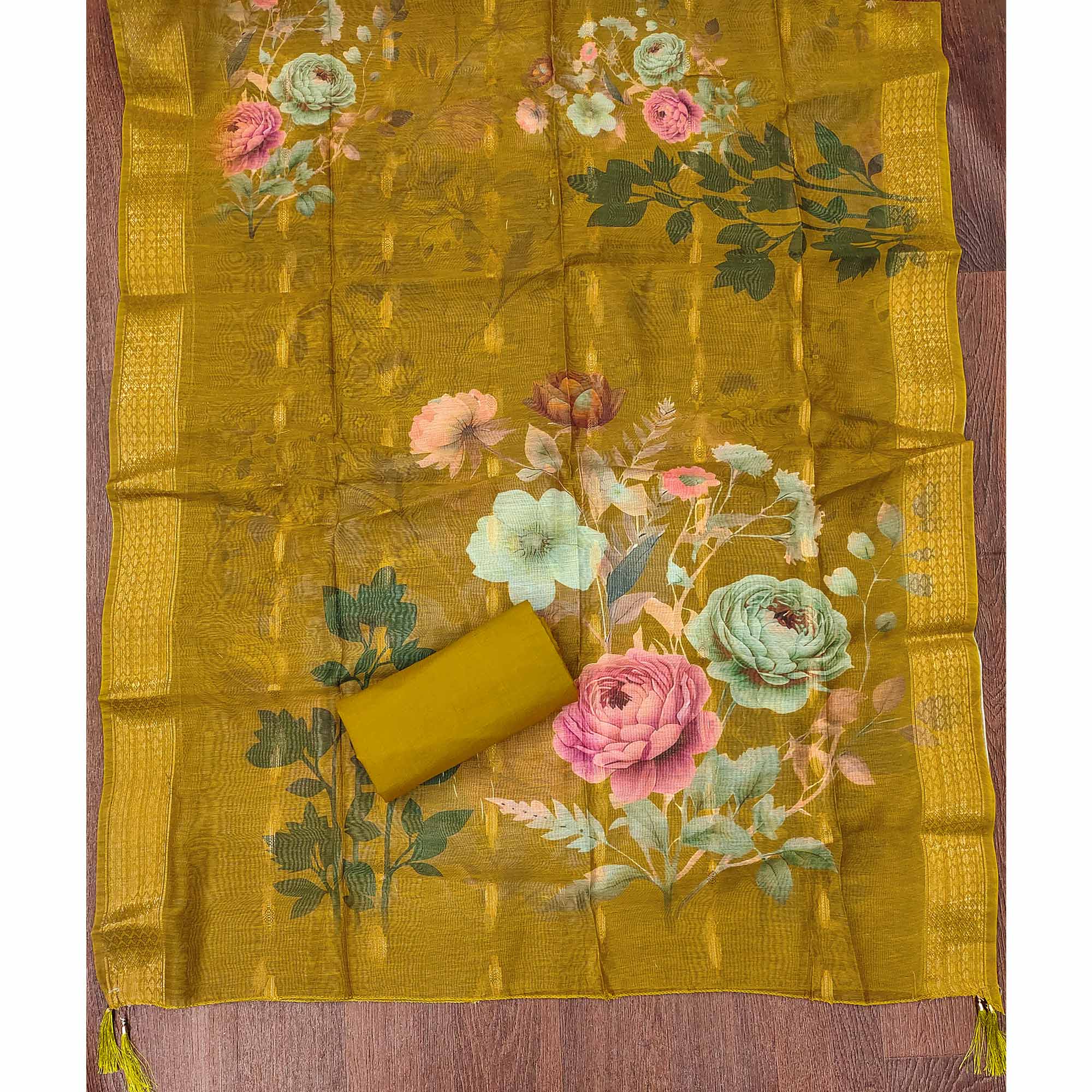 Soft Olive Cotton Blend Unstitched Suit Material with Delicate Floral Embroidery - Image 5