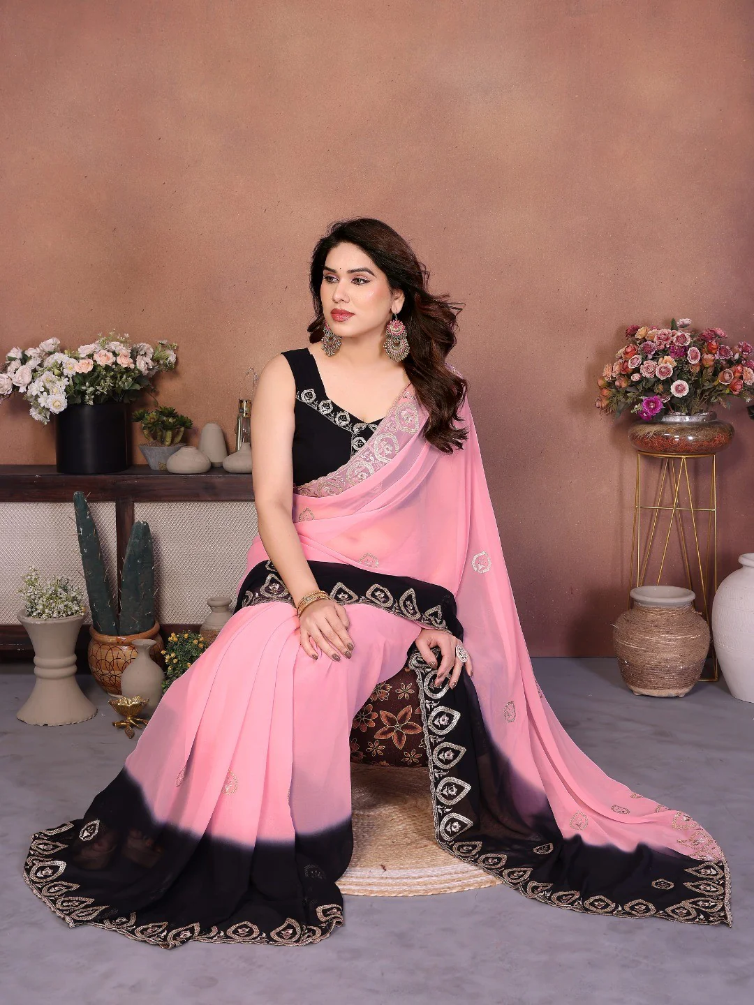 Soft Pink & Black Georgette Party Wear Saree with Designer Embroidered Border - Image 4