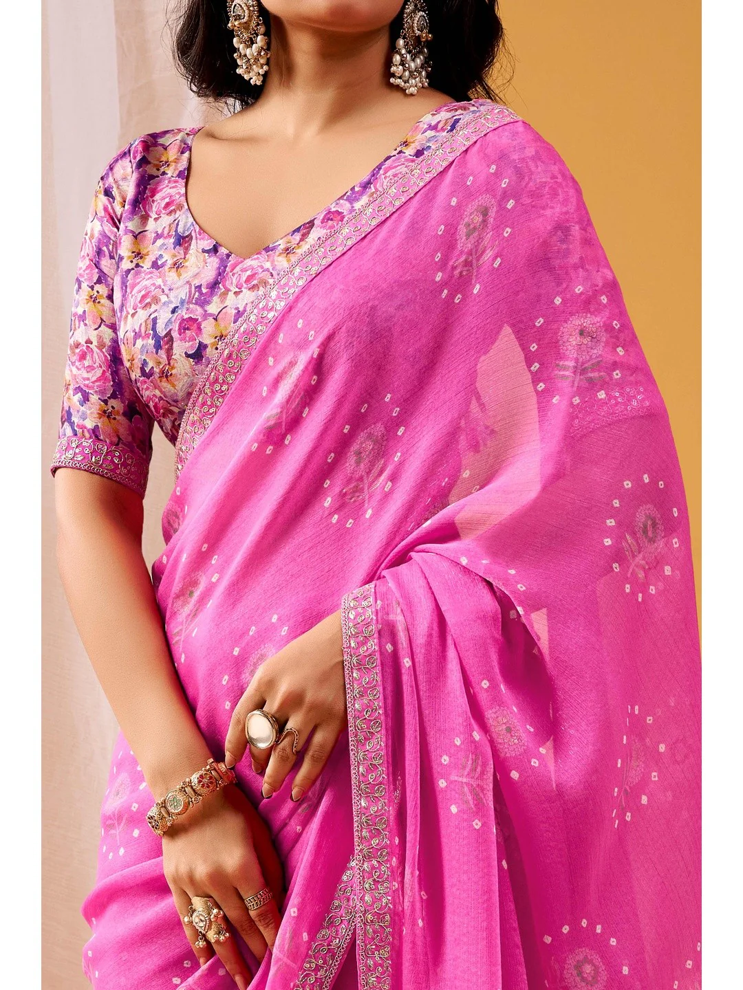 Soft Pink Floral & Bandhani Foil Printed Chiffon Saree Enhanced By Fine Sequins Embroidered Border - Image 2