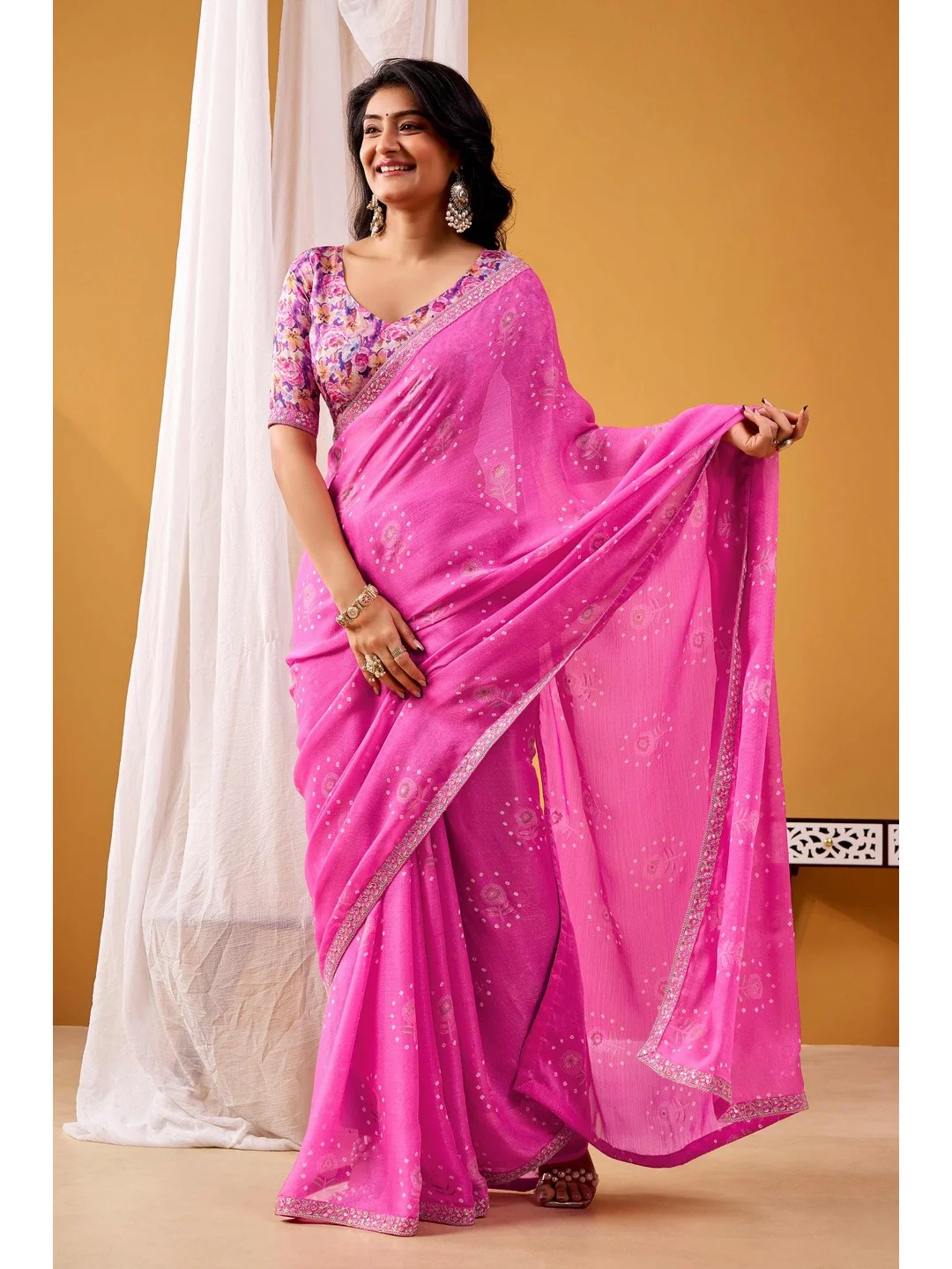 Soft Pink Floral & Bandhani Foil Printed Chiffon Saree Enhanced By Fine Sequins Embroidered Border - Image 3