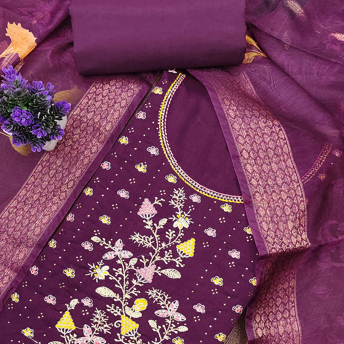 Soft Purple Cotton Blend Unstitched Suit Material with Delicate Floral Embroidery - Image 2