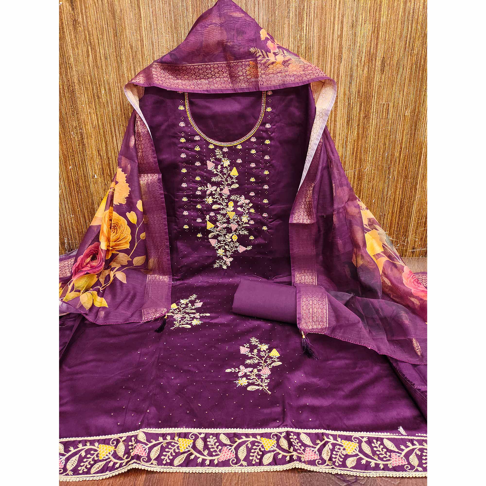 Soft Purple Cotton Blend Unstitched Suit Material with Delicate Floral Embroidery - Image 3