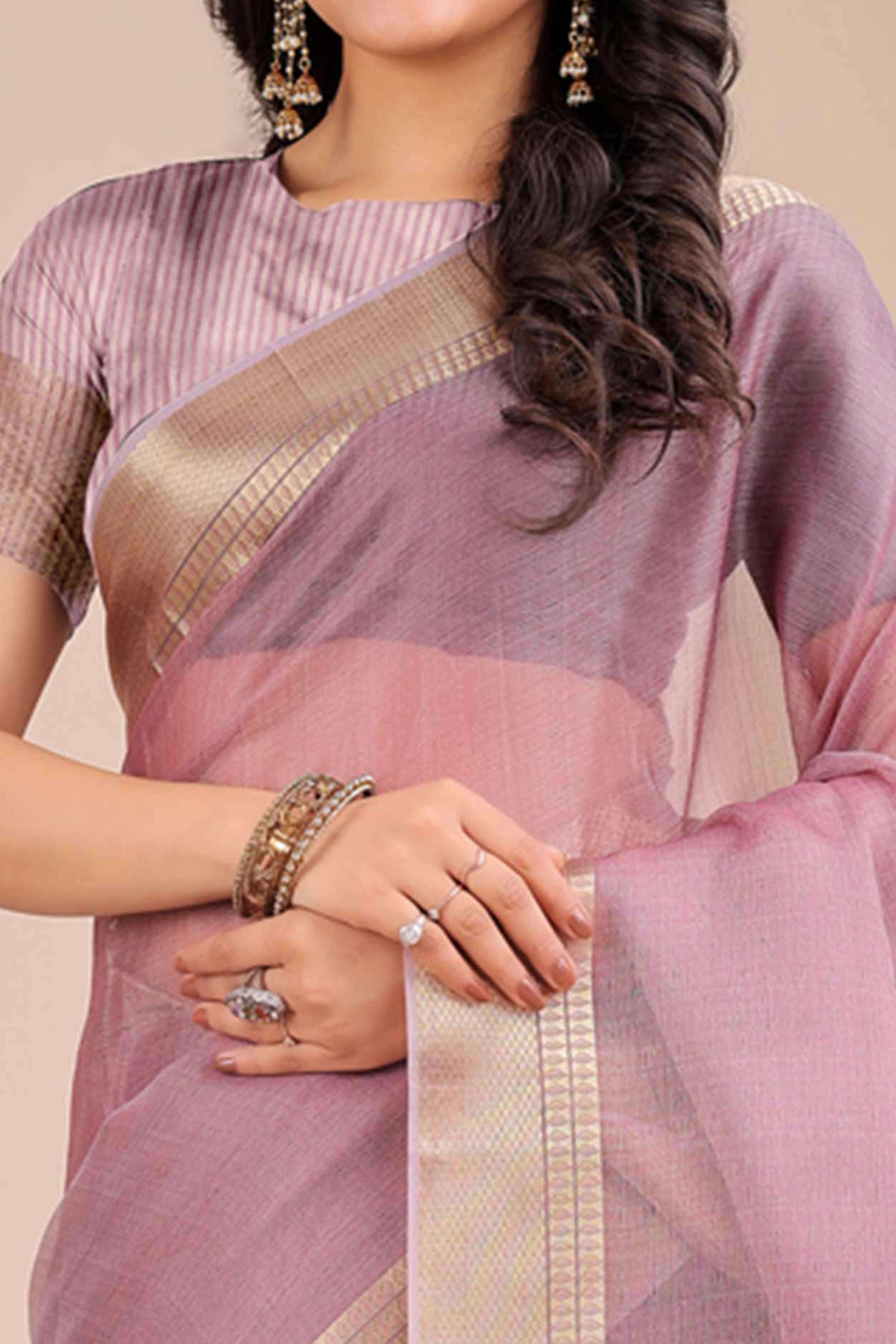 Soft Purple Organza Saree with Detailed Zari Woven Edging - Image 2