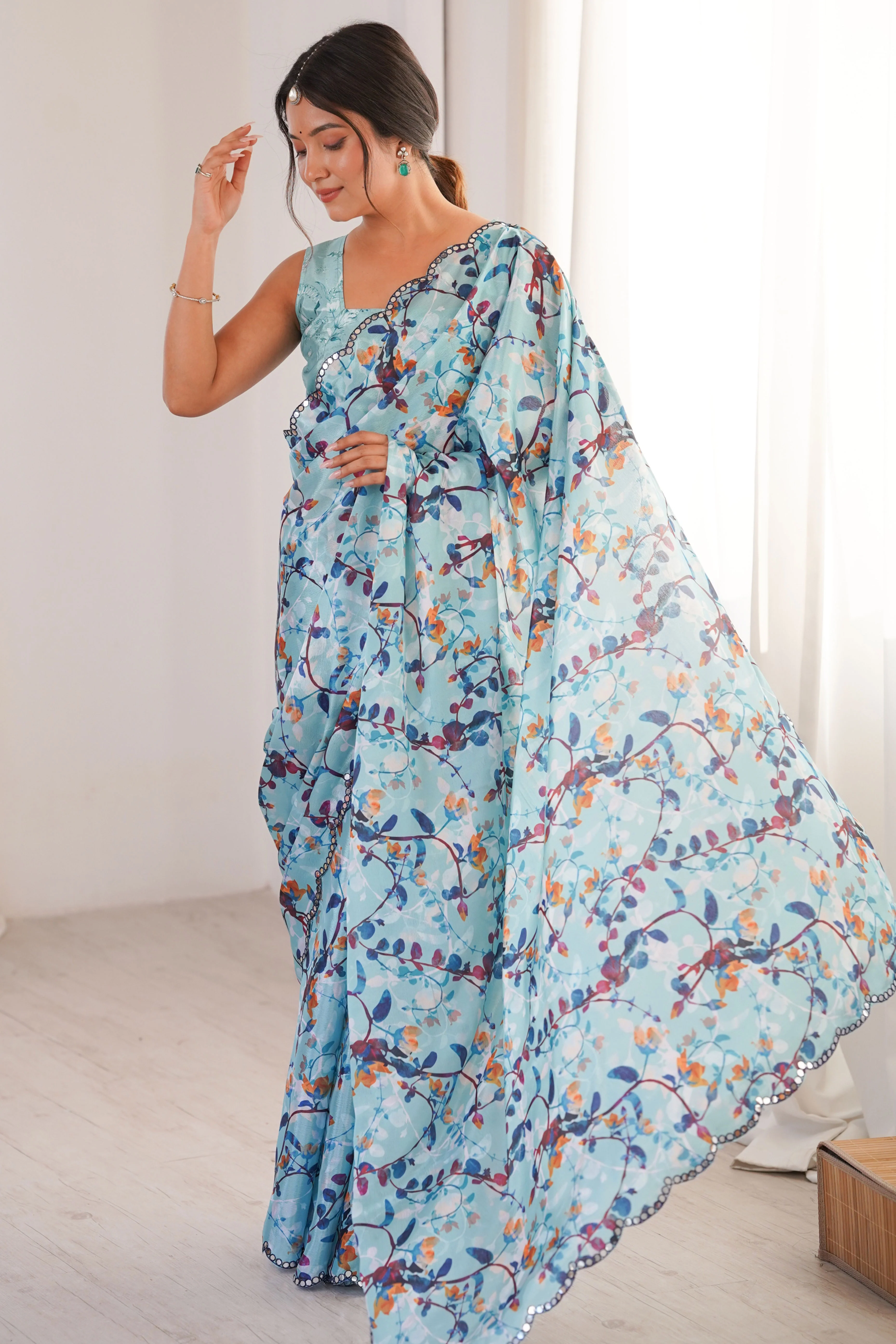 Soft Sky Blue Floral Digital Printed Chinon Saree Enhanced With Premium Embroidered Border Work - Image 3
