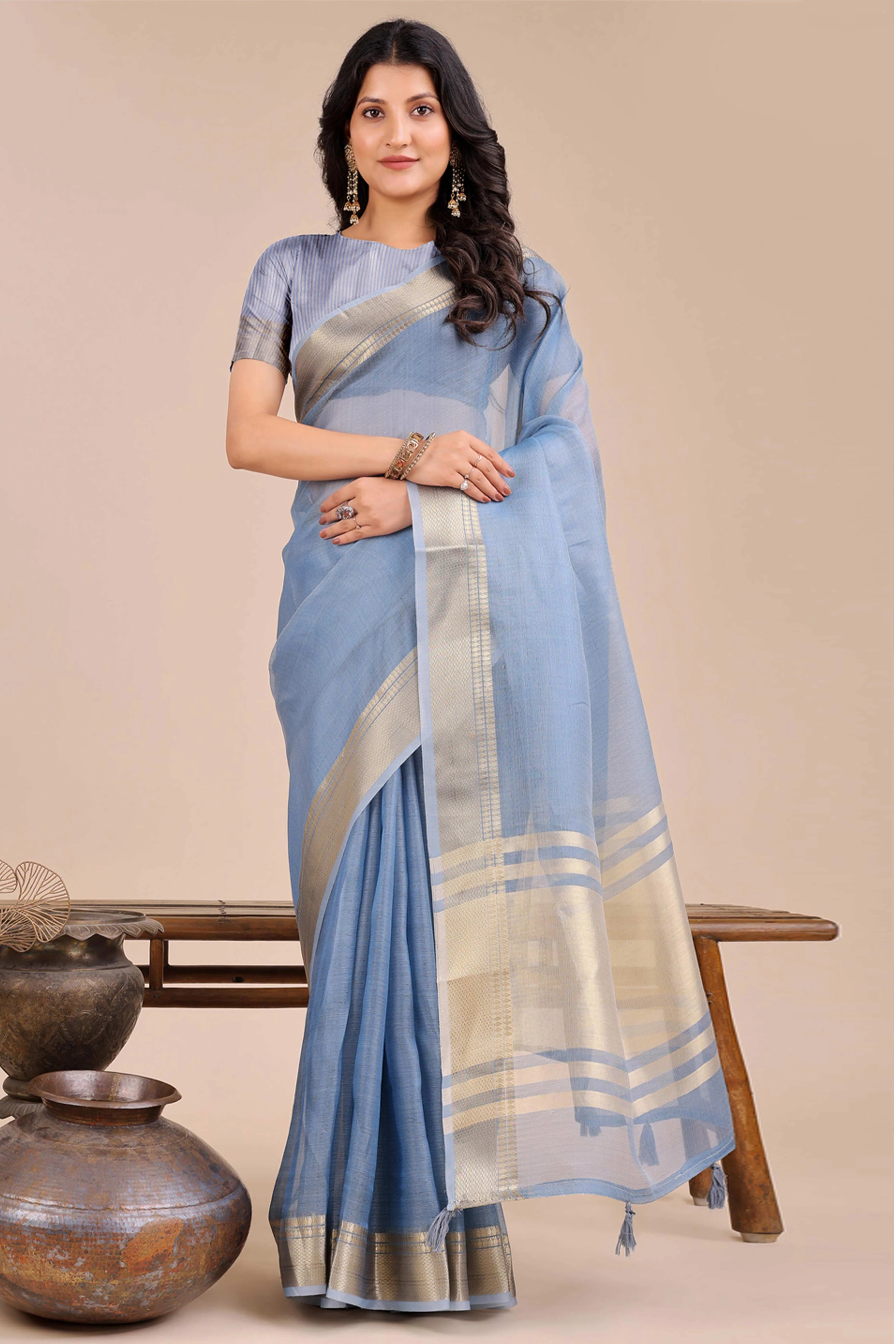Soft Sky Blue Organza Saree with Detailed Zari Woven Edging - Image 3