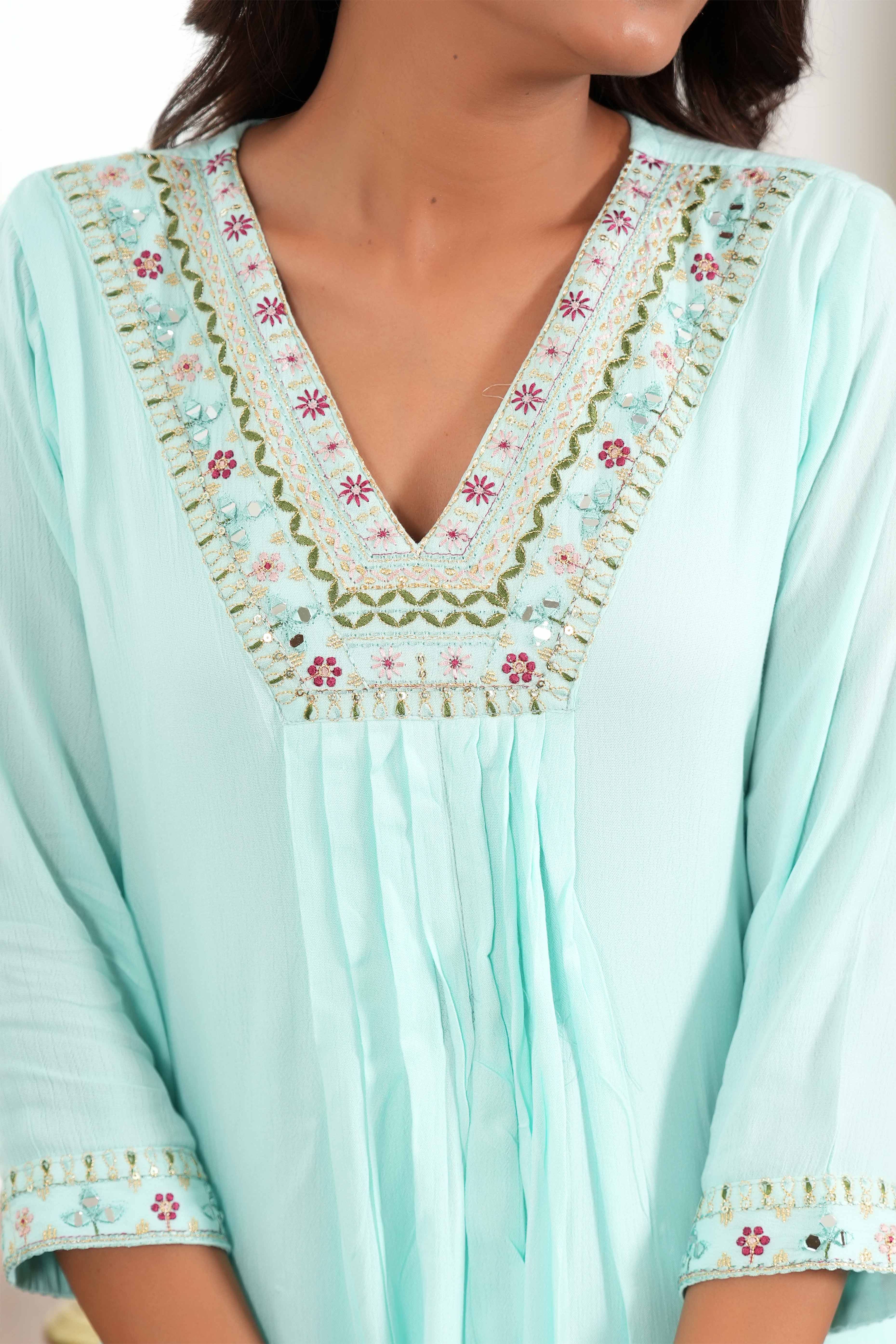 Soft Sky Blue Rayon A-Line Dress Accented with Fine Neck Embroidery - Image 2