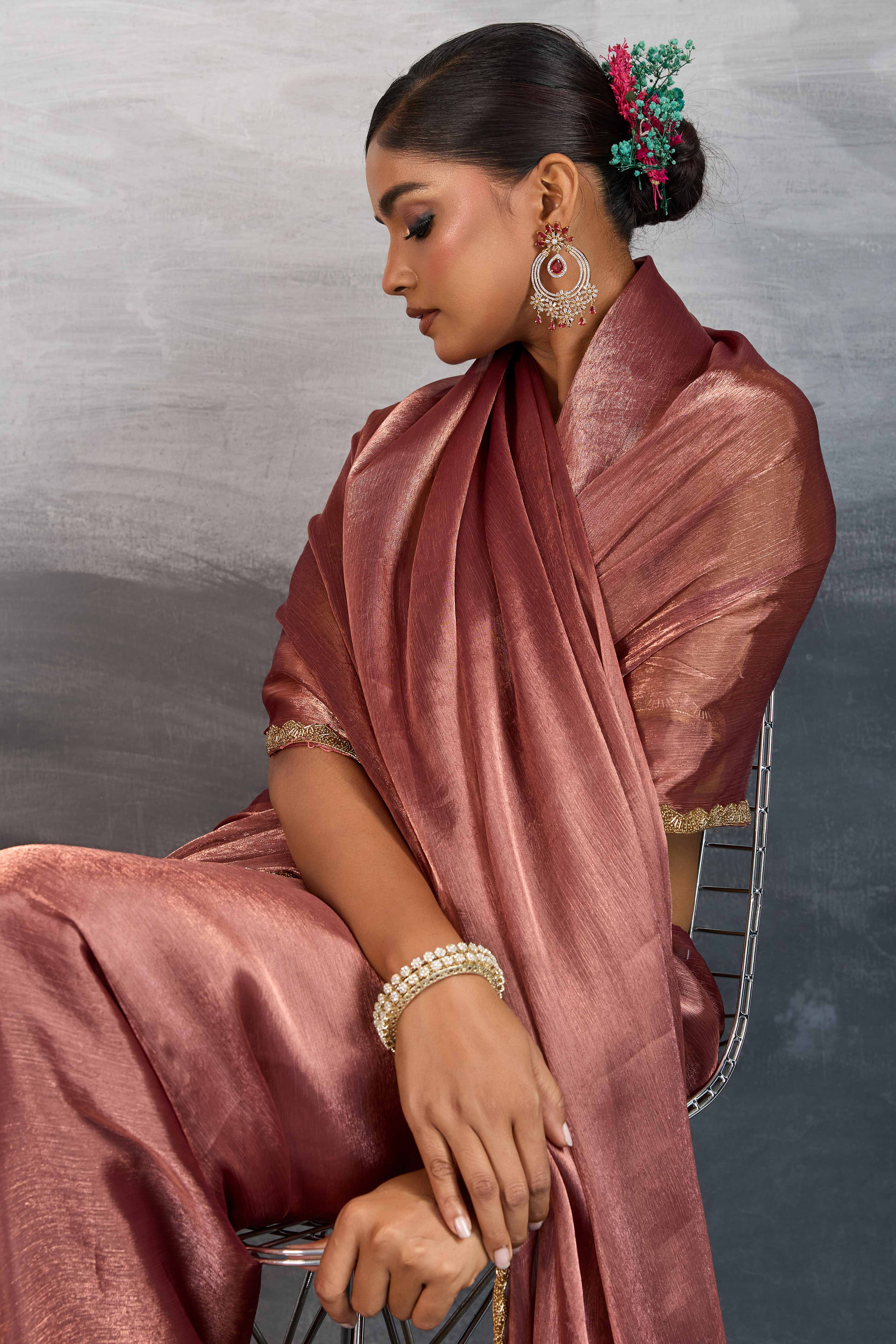 Solid Copper Red Chiffon Saree Featuring Beads Embellished Border - Image 5