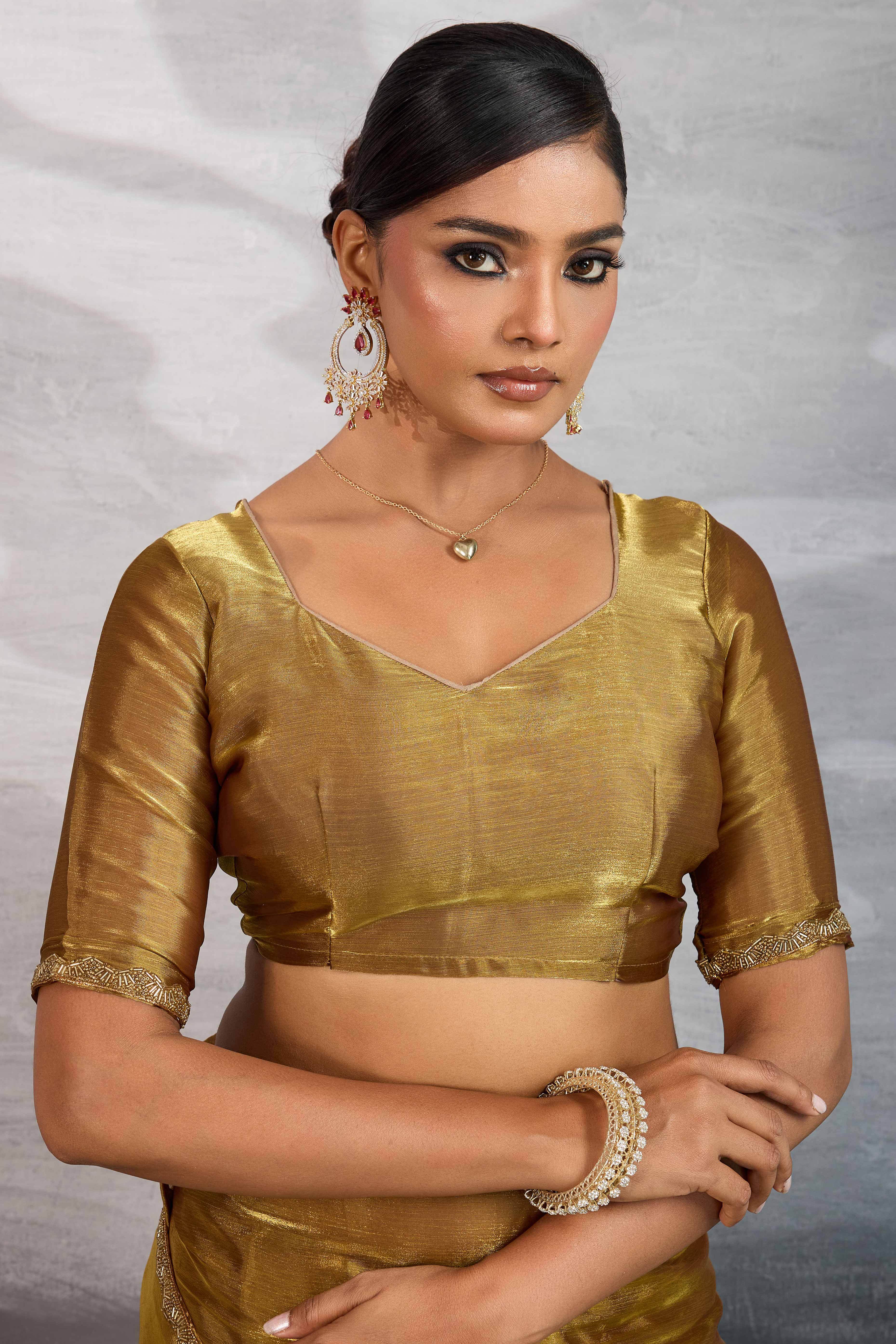 Solid Gold Chiffon Saree Featuring Beads Embellished Border - Image 7